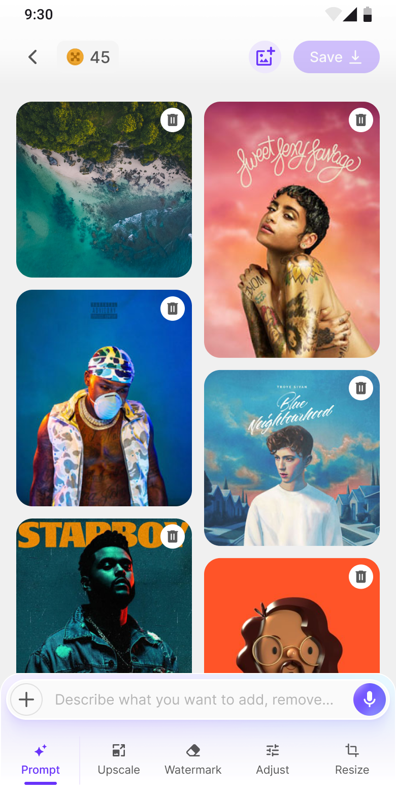 Grid: uploaded images with prompt bar below