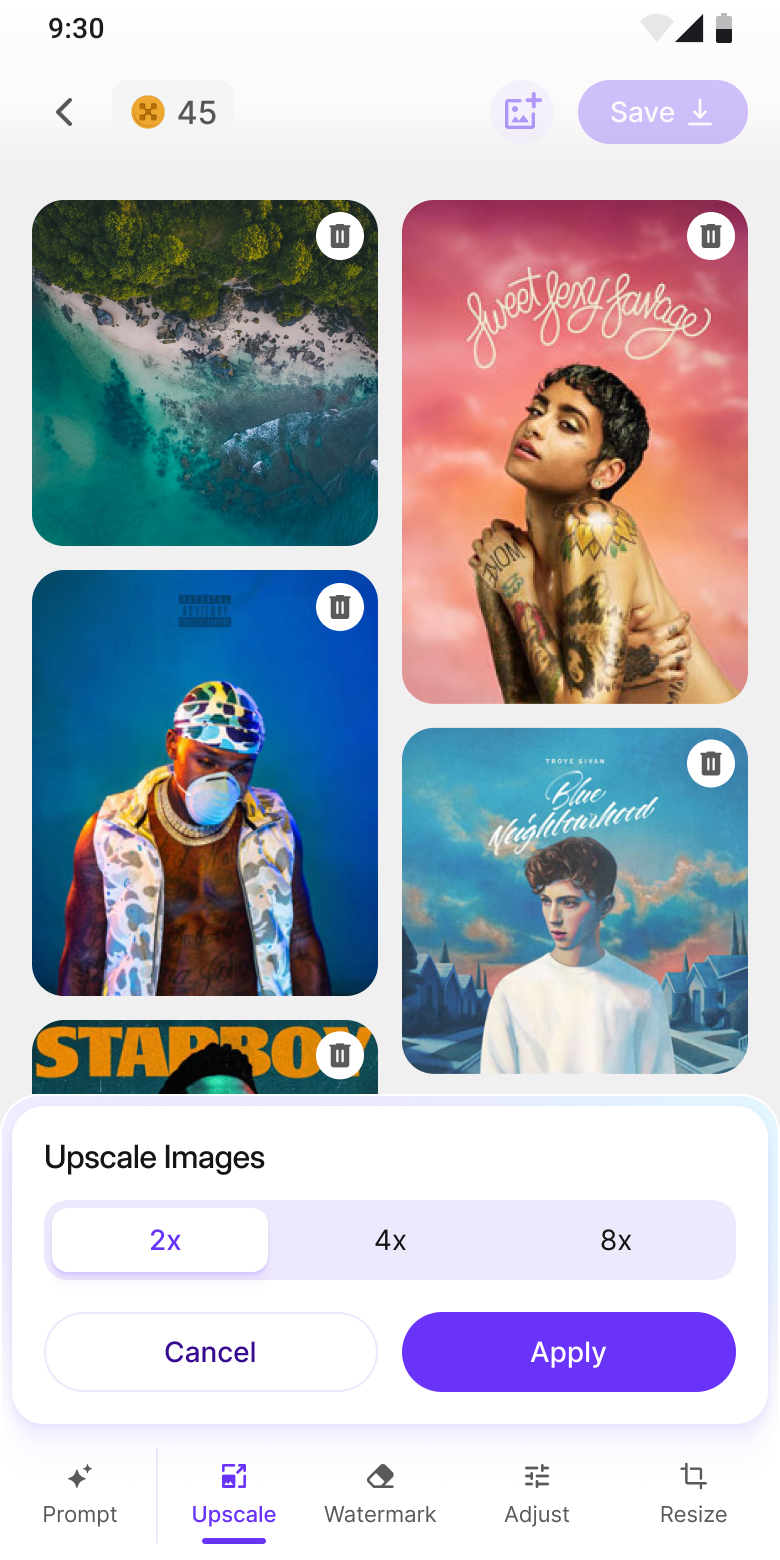 Upscale: 2x/4x/8x panel over image grid