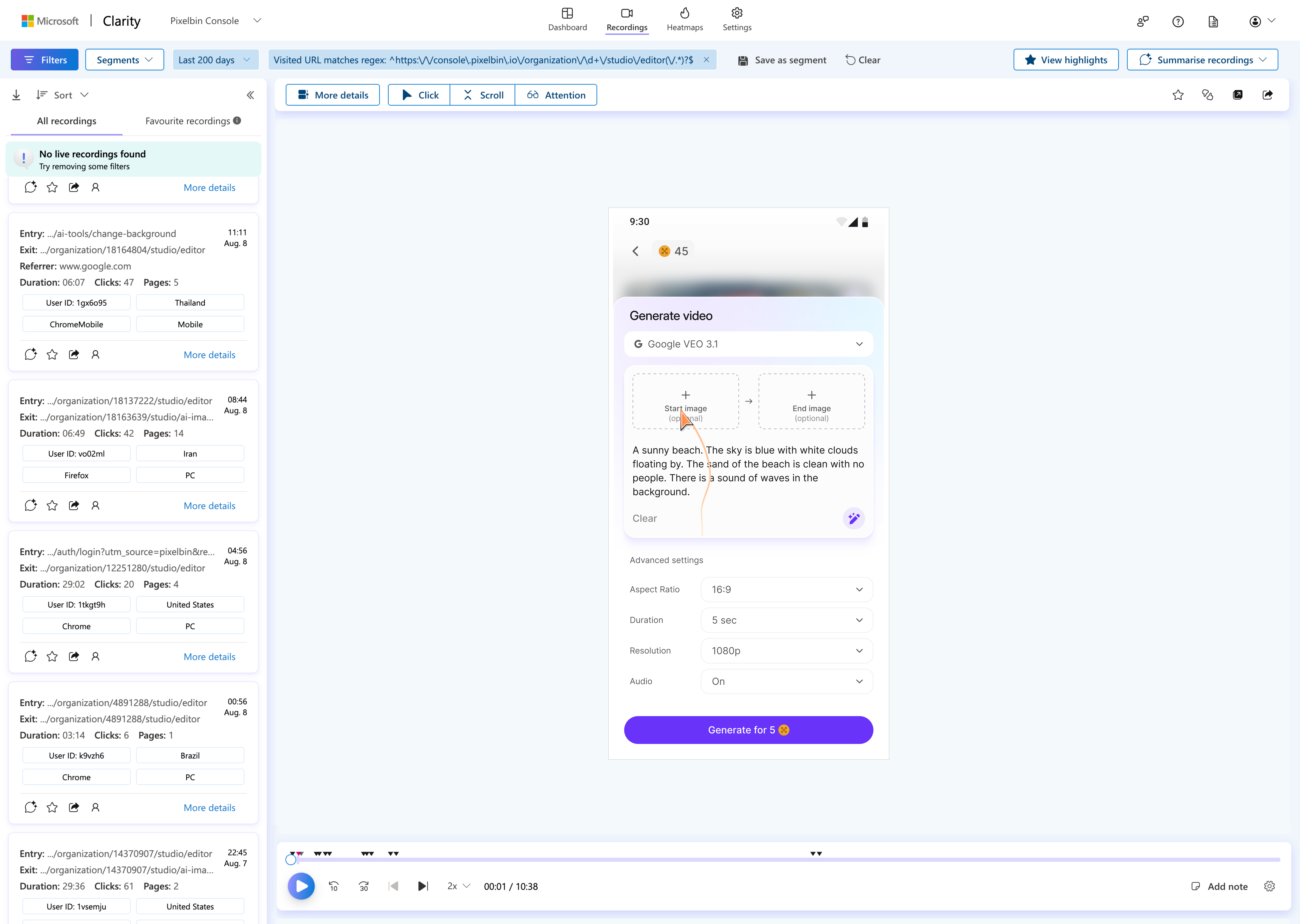 Microsoft Clarity session recording showing real user interaction