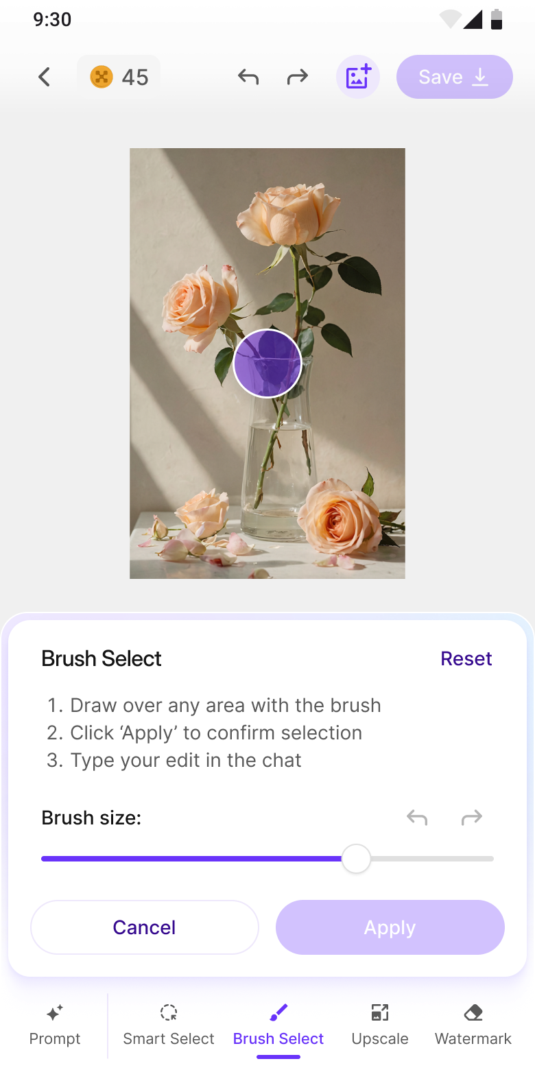 Brush Select: manual paint selection with size slider