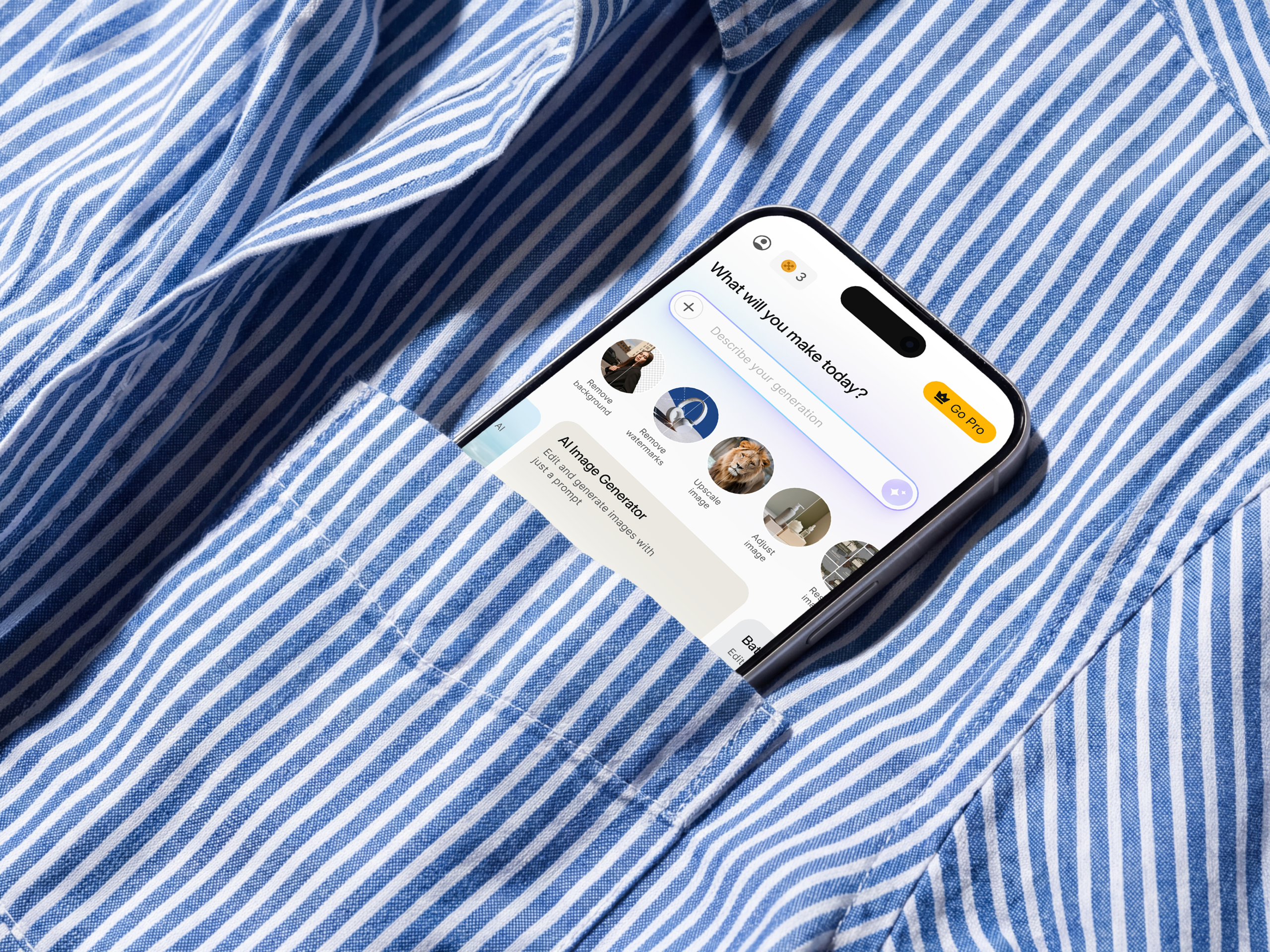 PixelBin App — AI creative studio for mobile with generation model interface, prompt bar, and creative tools