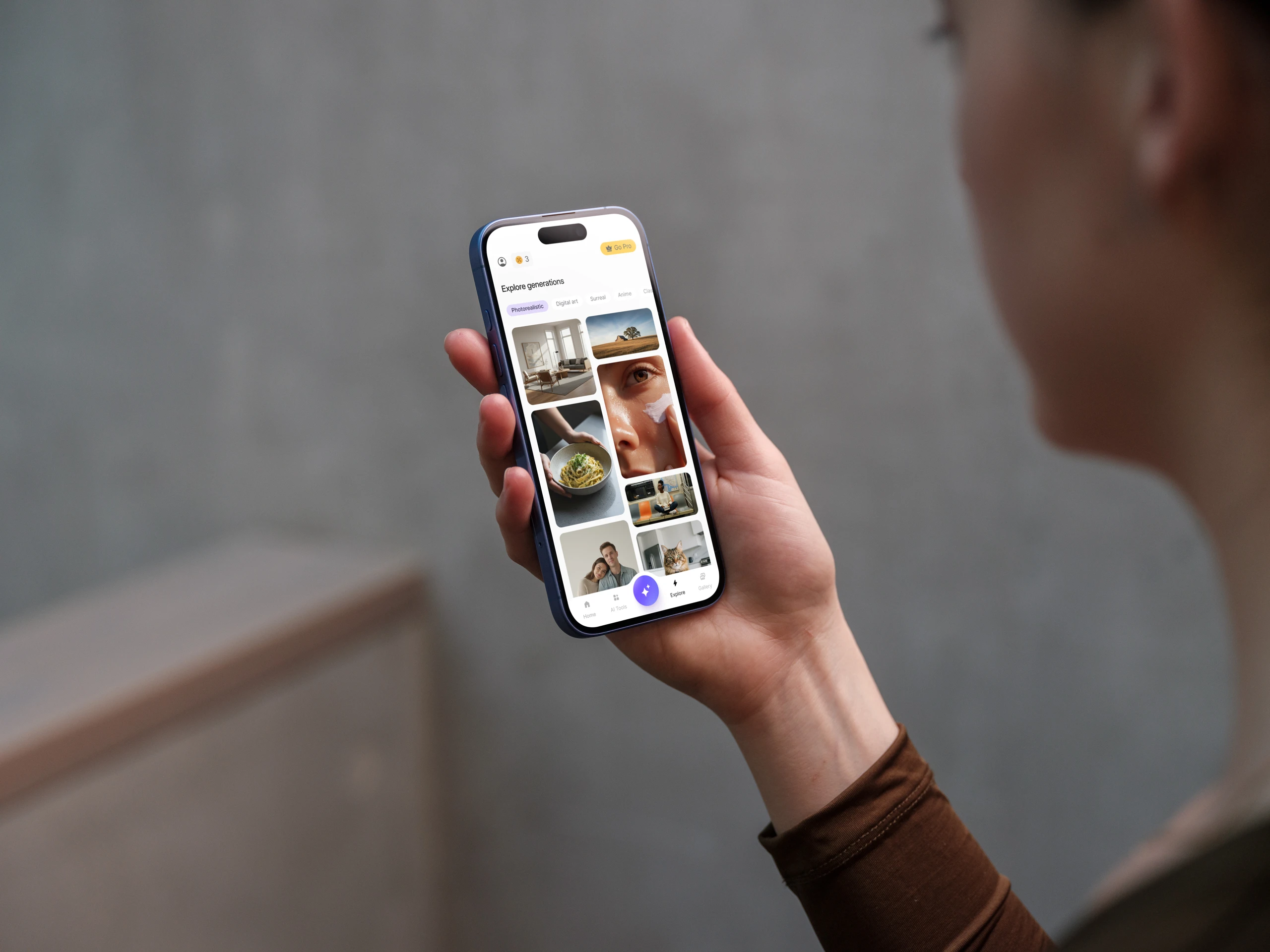 PixelBin App — iPhone 16 mockup in hand showing Explore feed