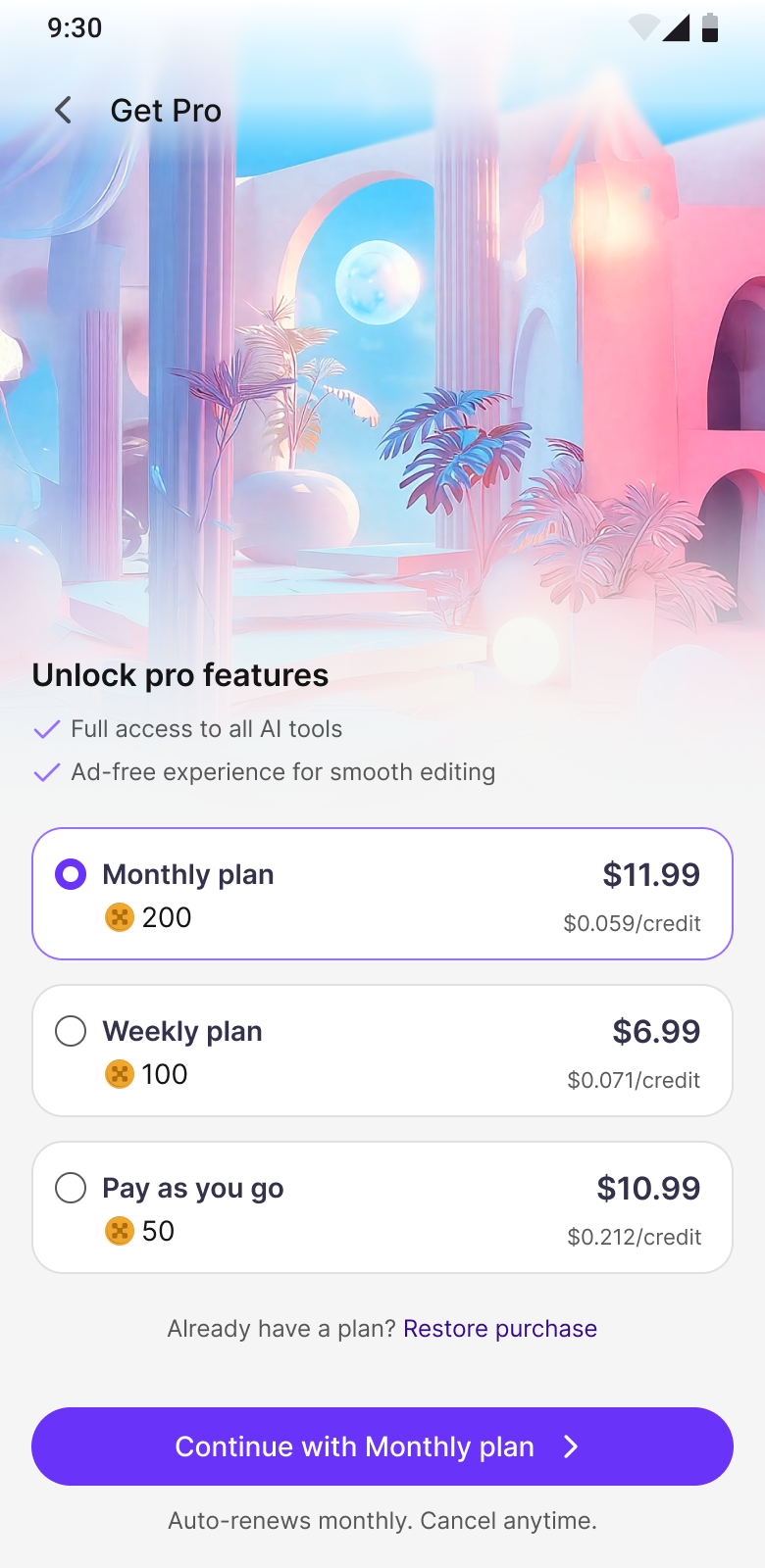 New pricing screen — V4, 3 options, Monthly pre-selected