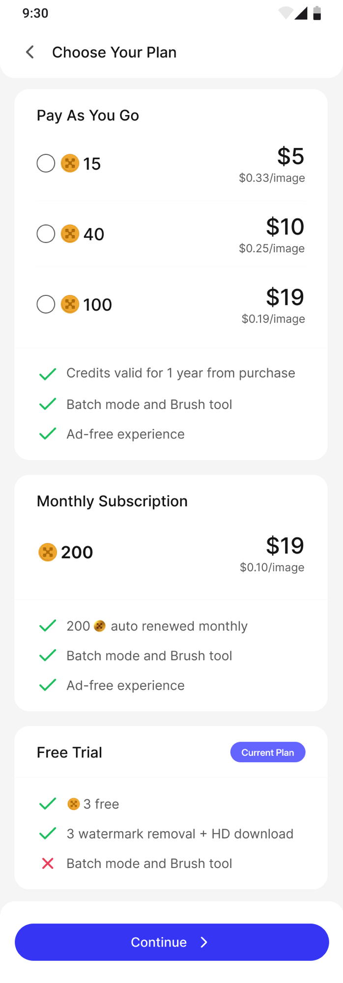 Old pricing screen — V3, 5 options