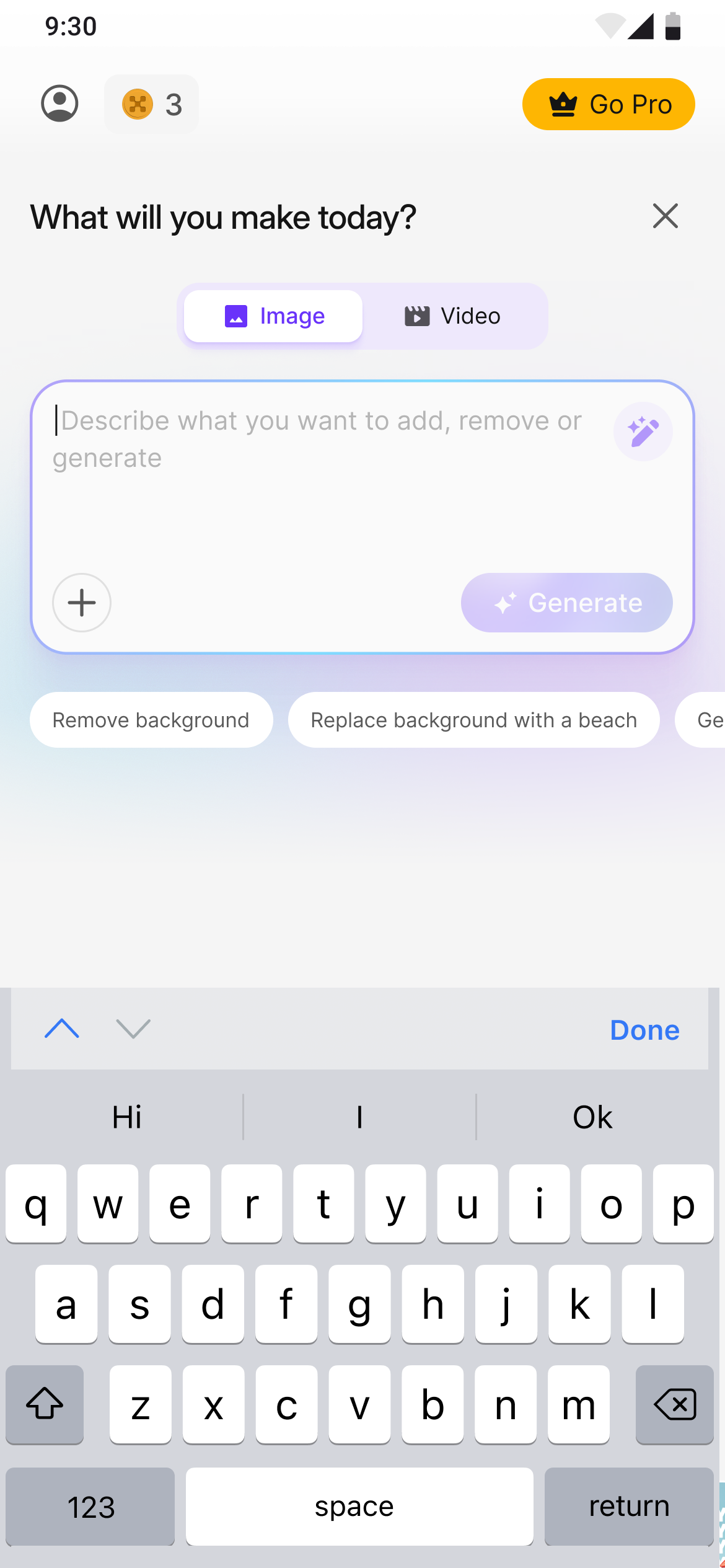 Prompt bar default state with suggestion pills and quick actions
