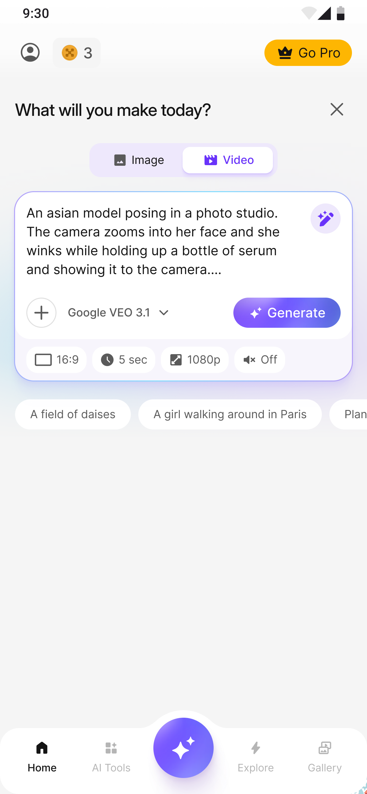Video prompt filled with all settings configured