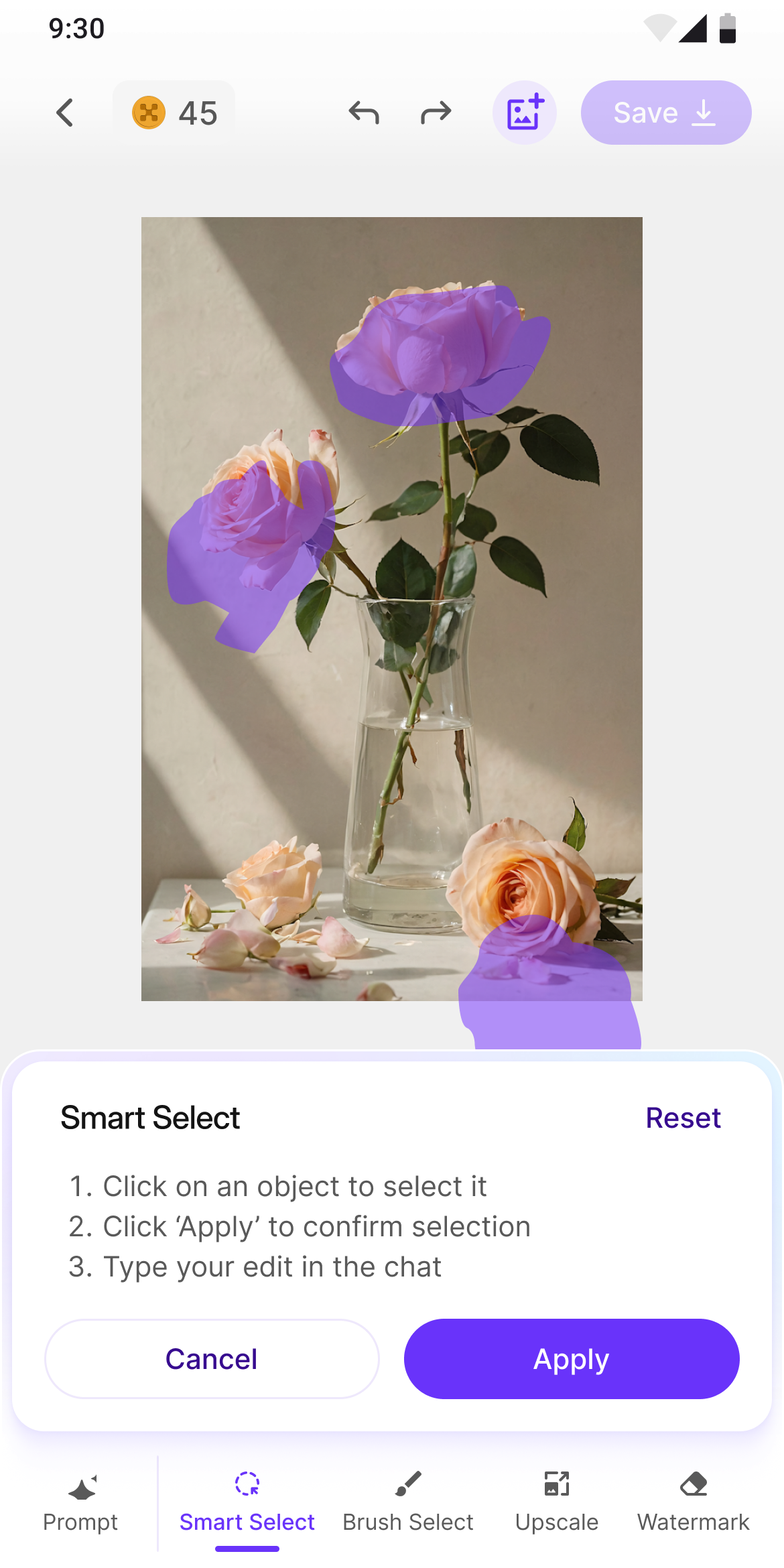 Object selected — AI highlights the region