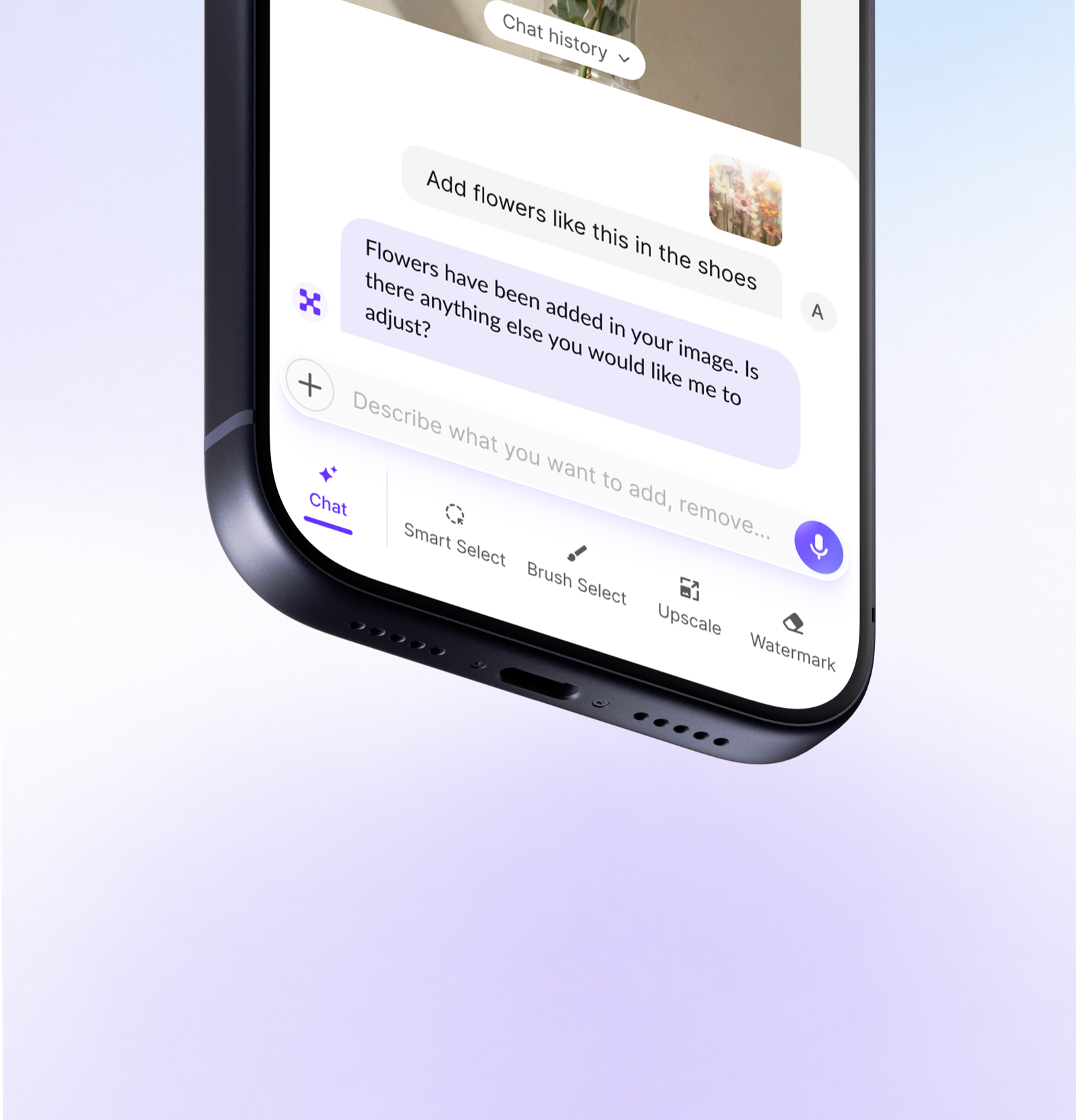 PixelBin App — chat-based editing interface with bottom sheet