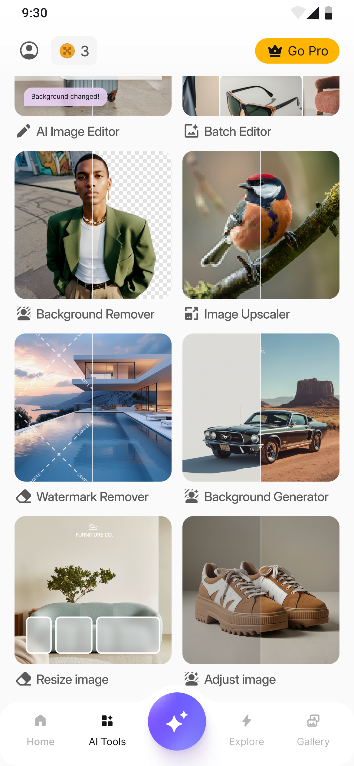 Full AI Tools grid showing all 10 tools