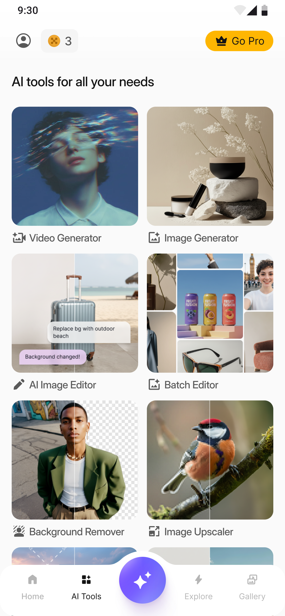 AI Tools screen showing hero cards for the 4 most-used tools