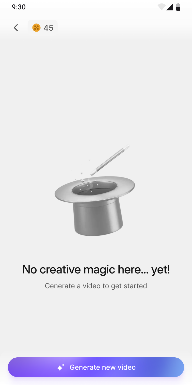 Empty state: magic hat illustration, Generate new video