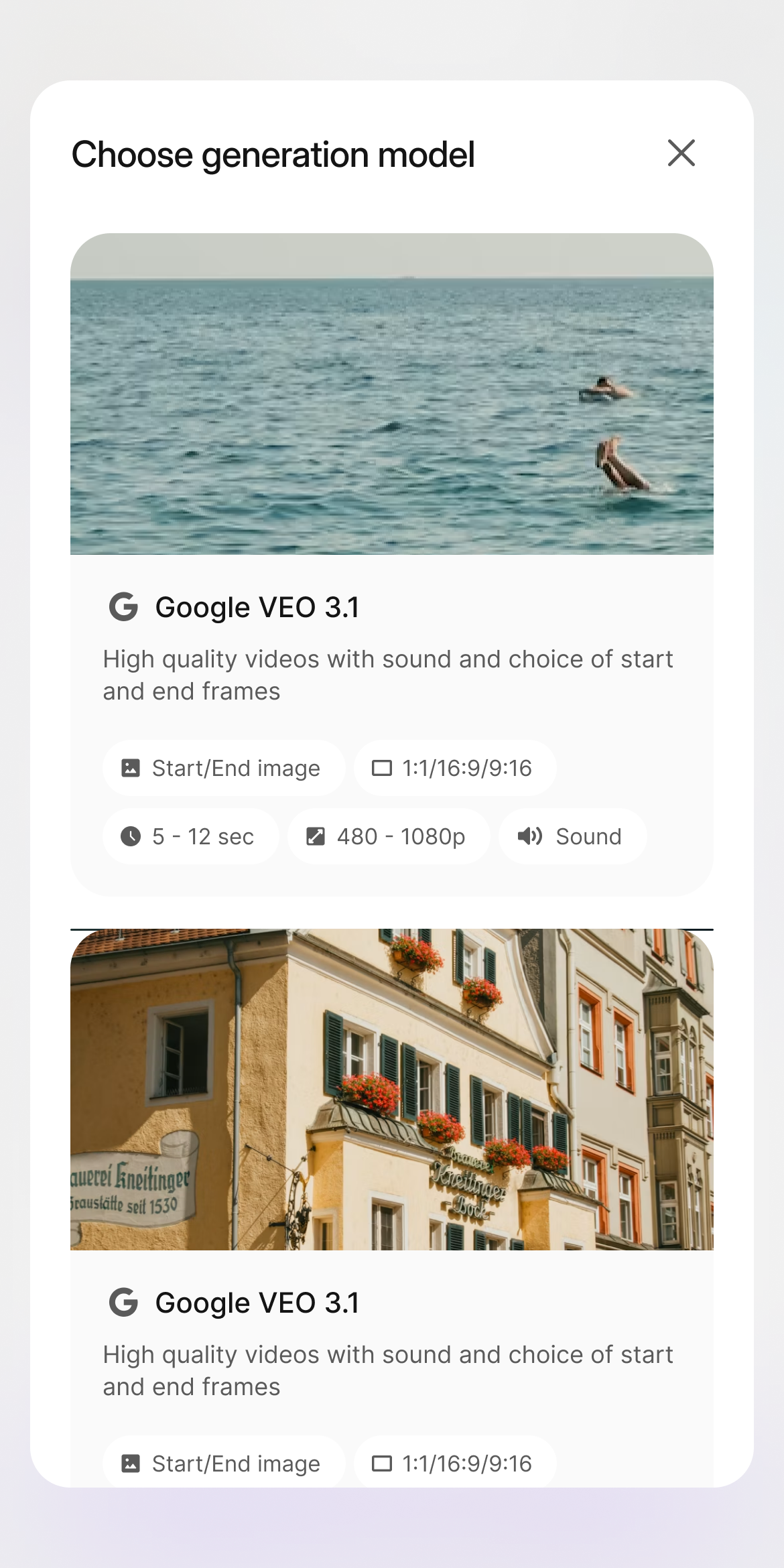 Choose generation model: Google VEO 3.1 with feature details