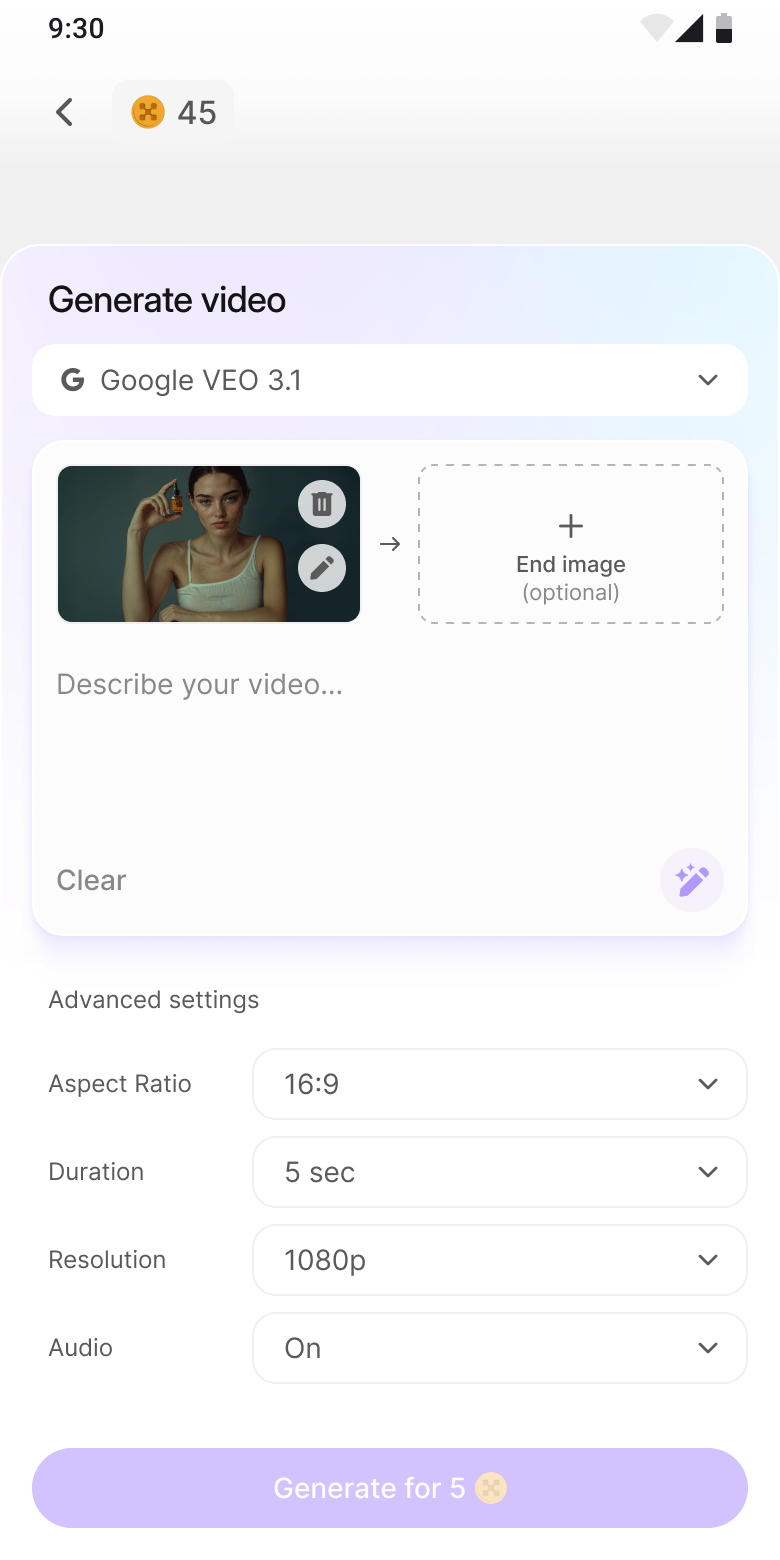 Settings: start image, 16:9, 5 sec, 1080p, Audio