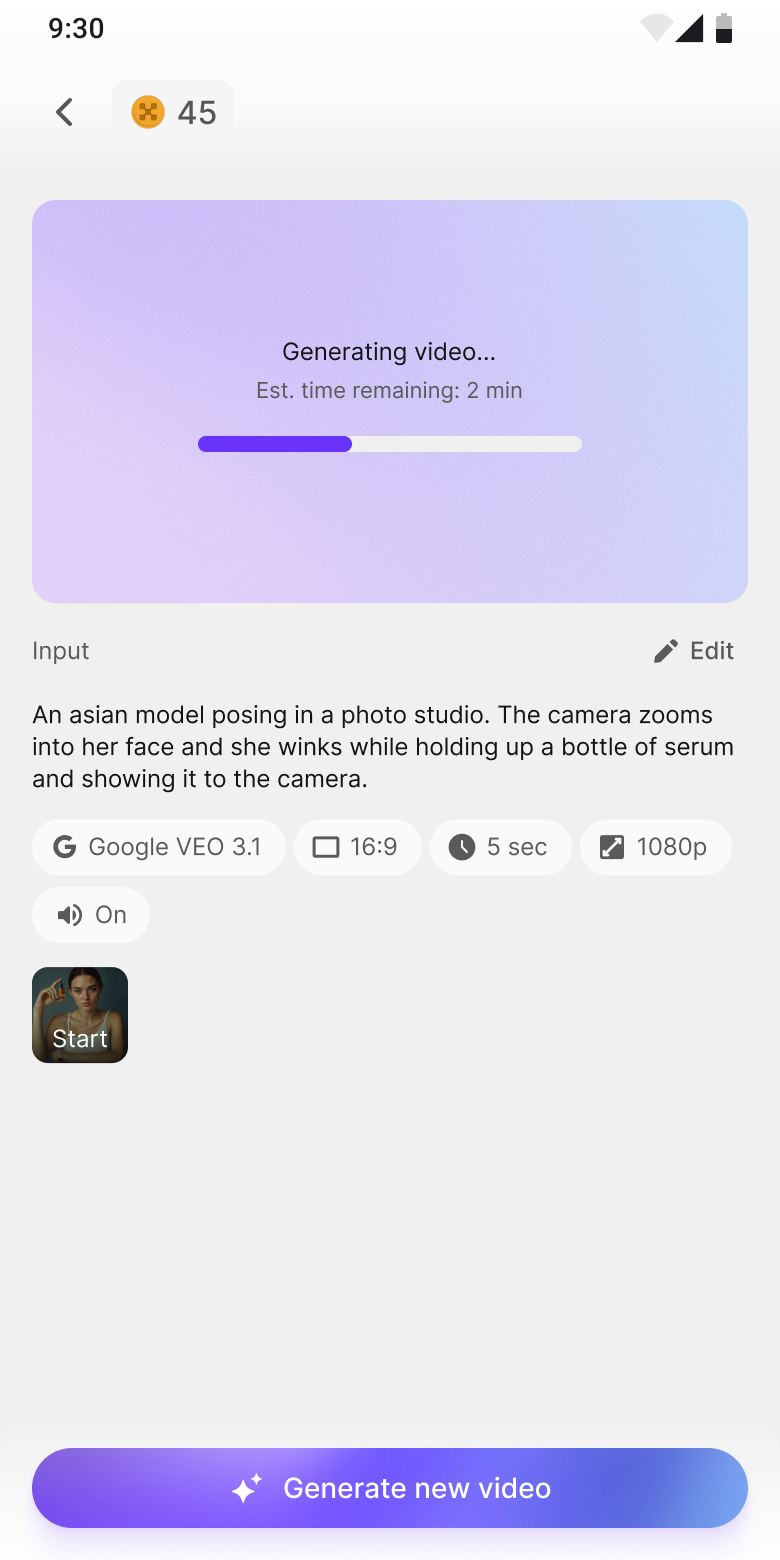 Generating: 2 min remaining, progress bar, prompt recap