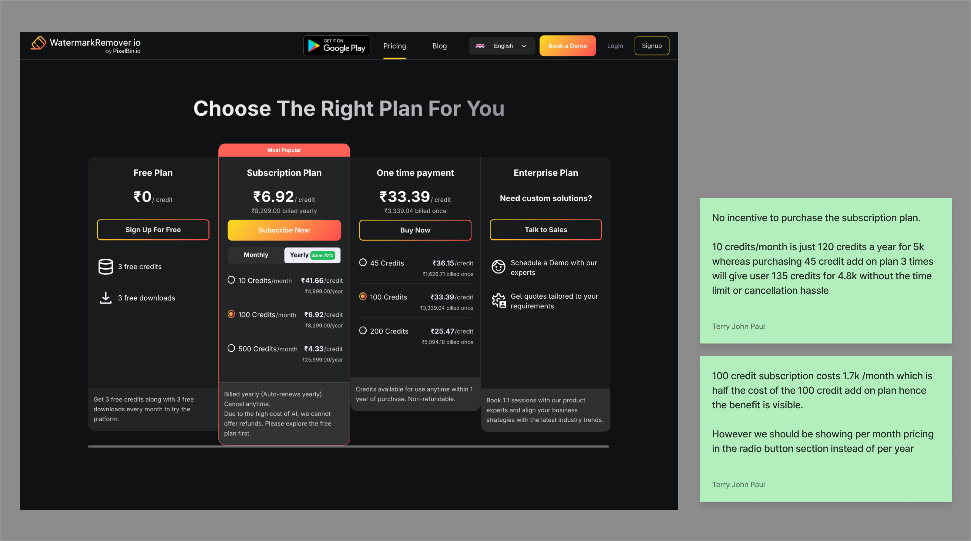 Watermark Remover pricing page — V3 before the restructure, showing four plan columns with subscription, one-time, and enterprise options, plus Terry's analysis annotations