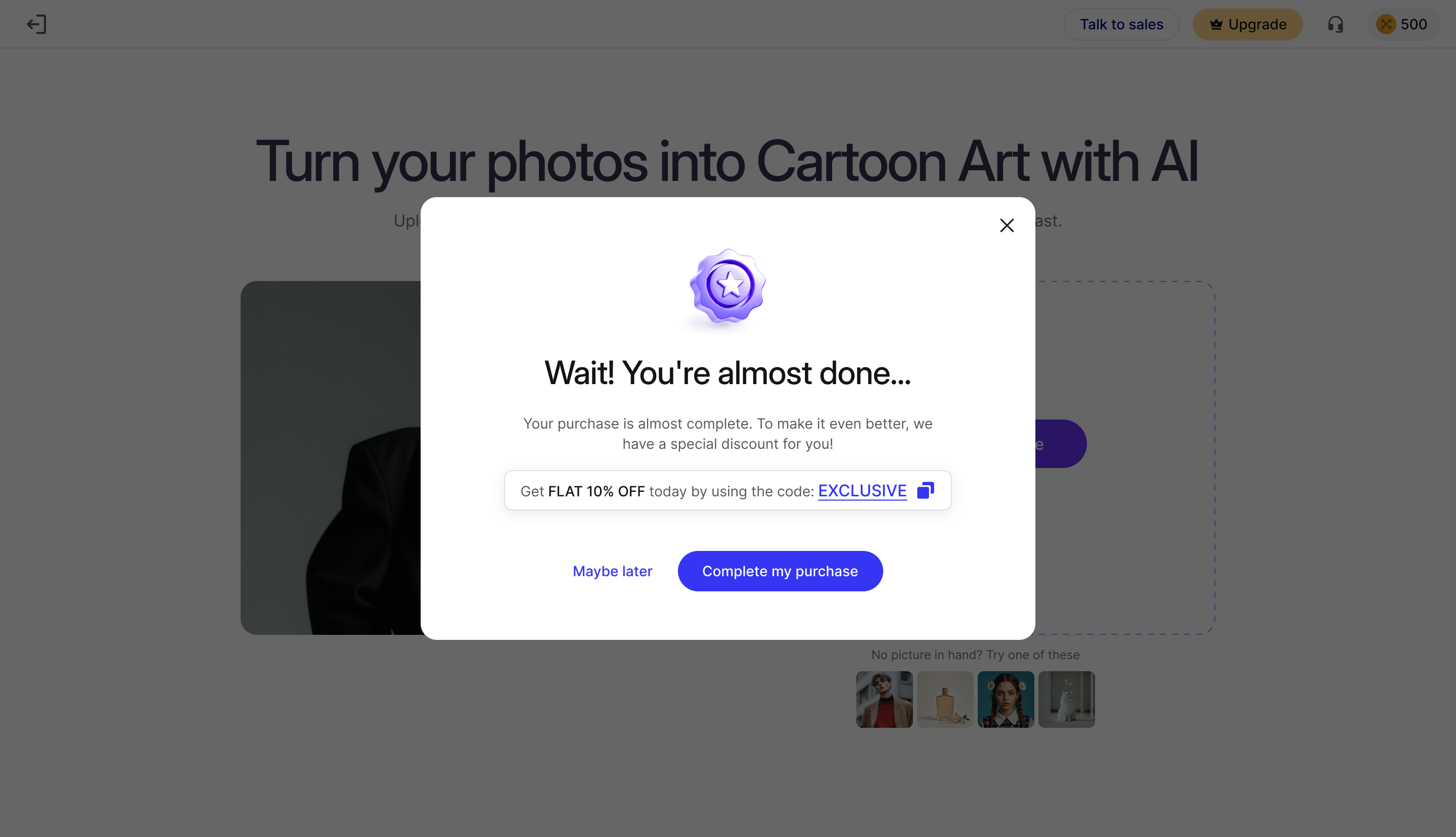 Exit intent — discount nudge appears when user tries to close pricing