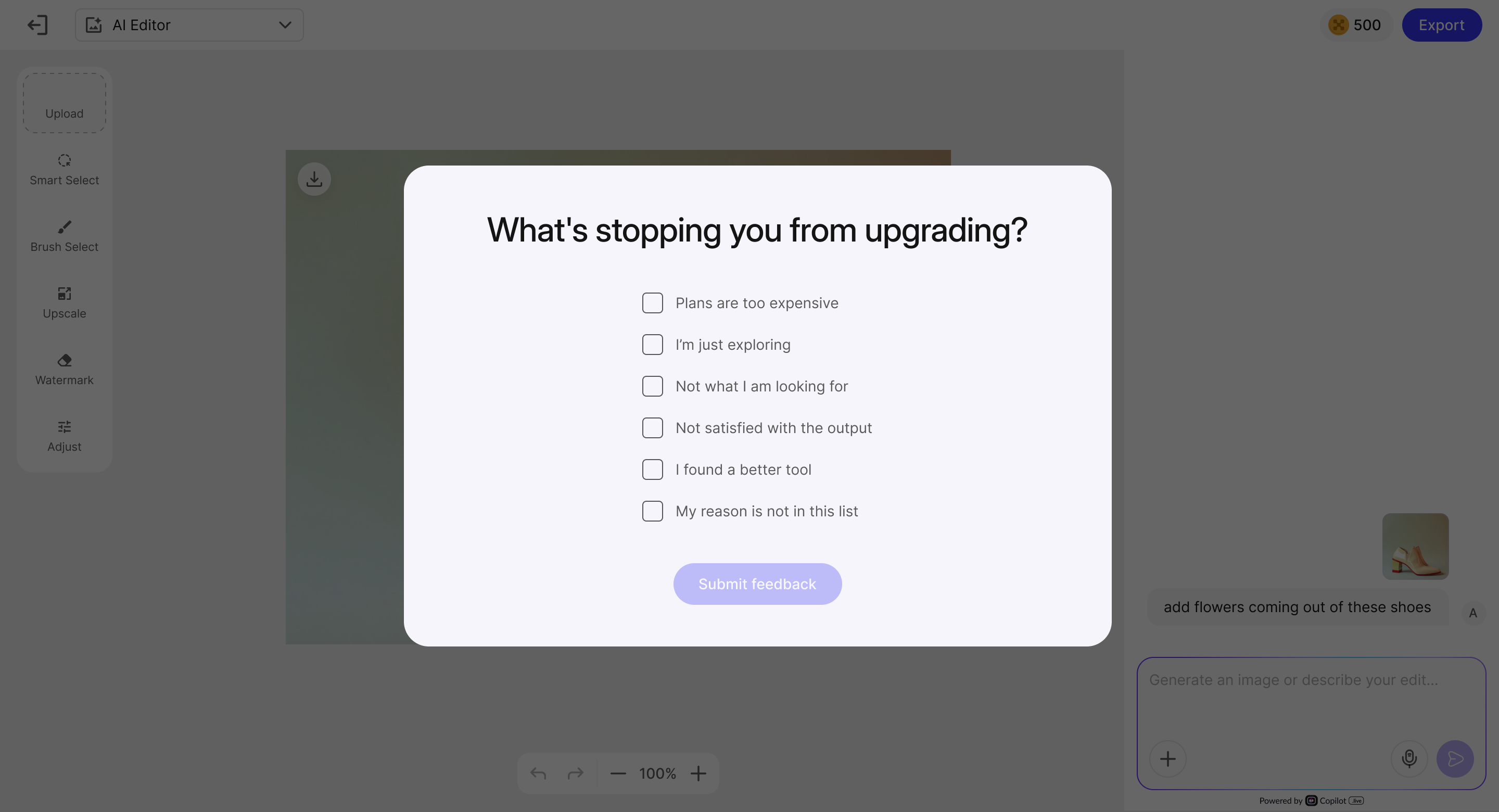 Feedback form — What's stopping you from upgrading? Six options, submit disabled