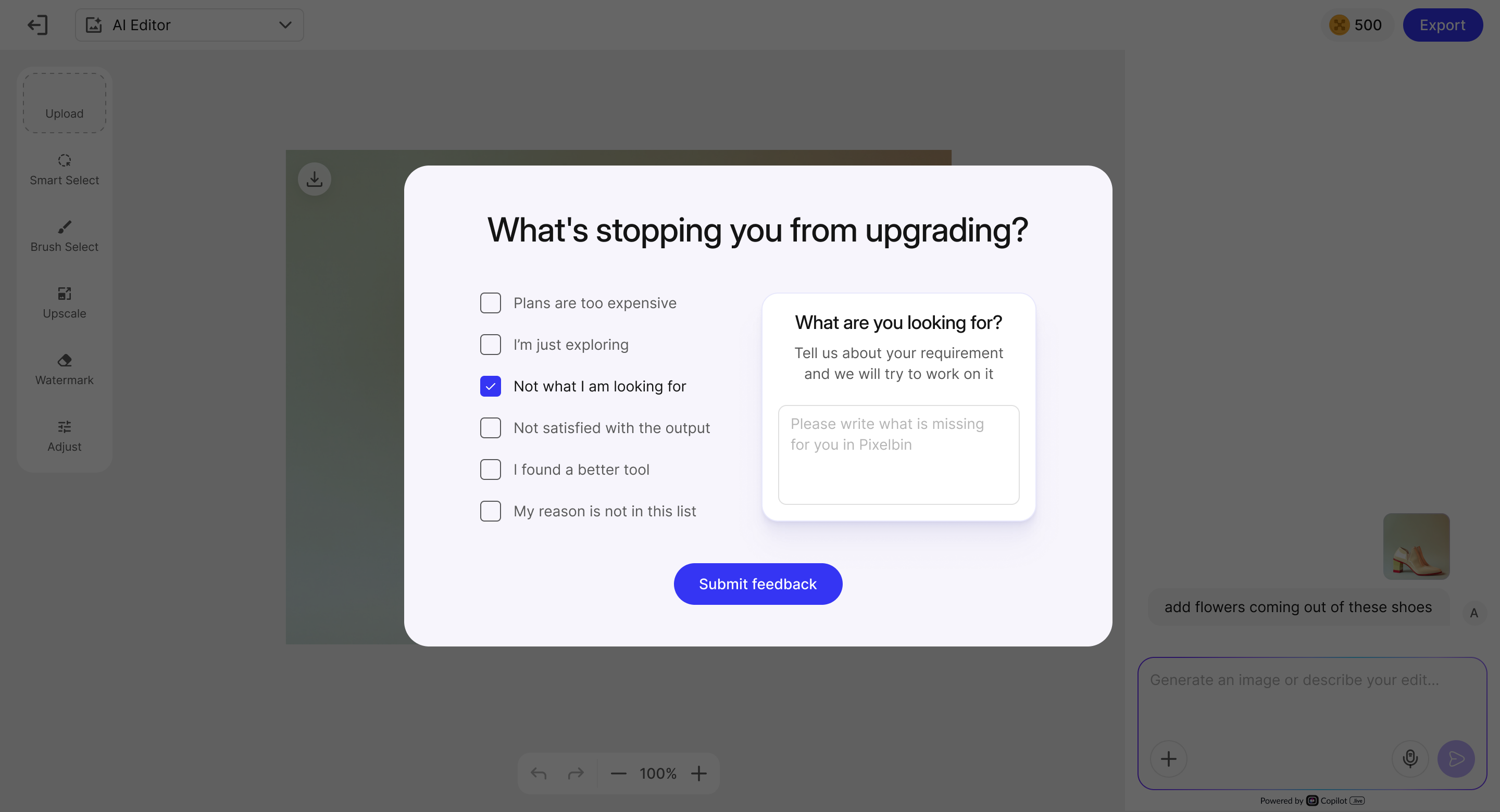 Not what I'm looking for selected — text input for missing features