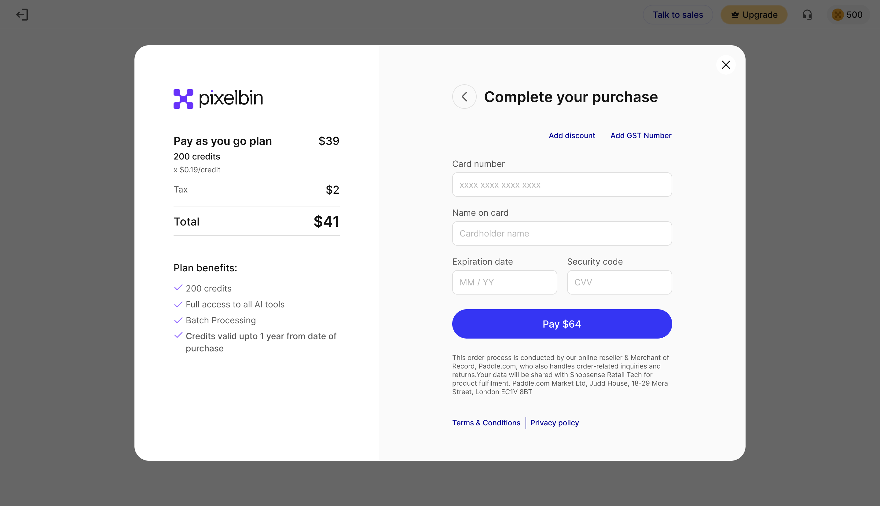 Checkout popup overlaying the workspace — payment form with clear plan breakdown
