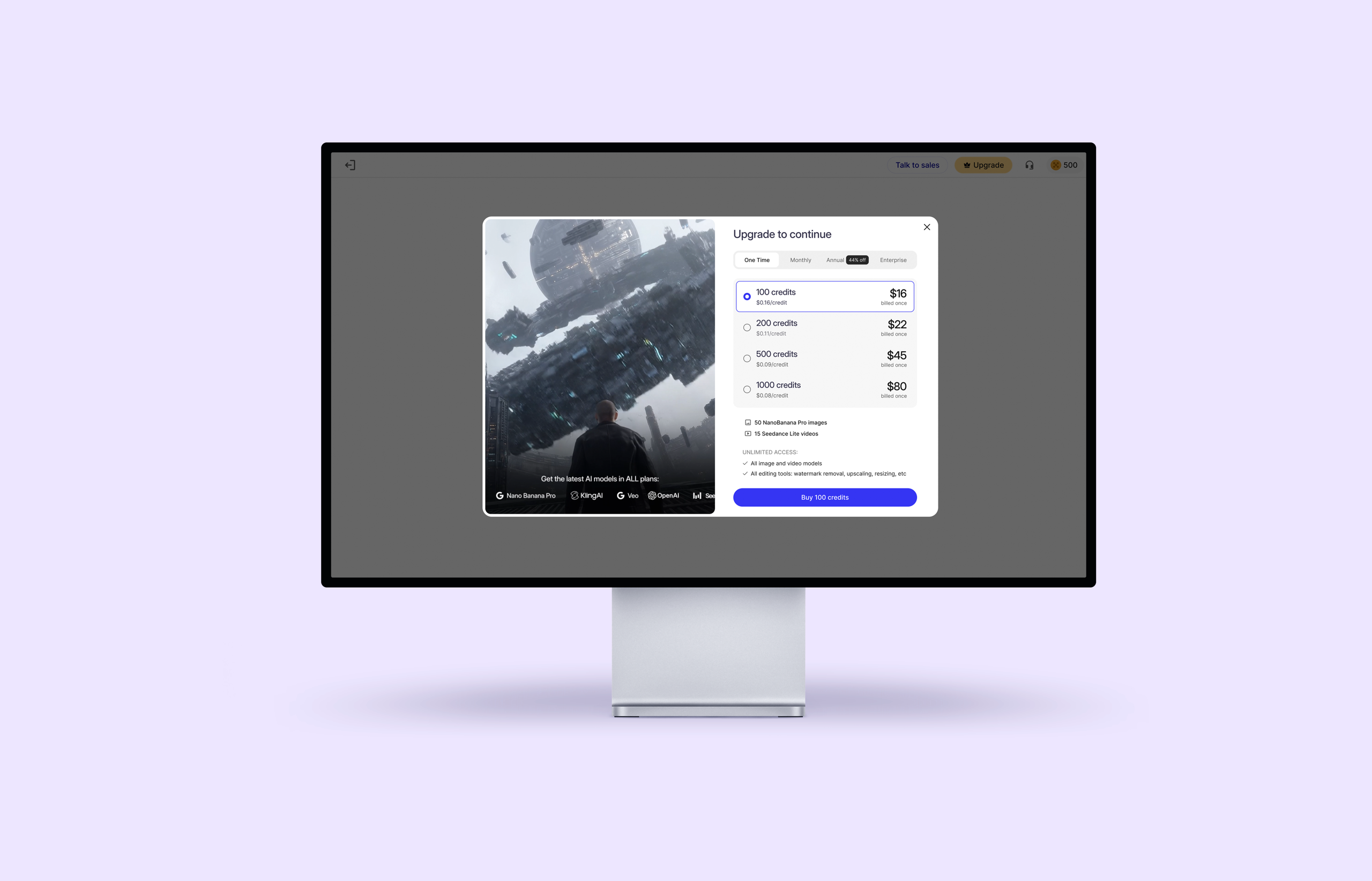 PixelBin checkout redesign — pricing popup over the AI workspace on a monitor