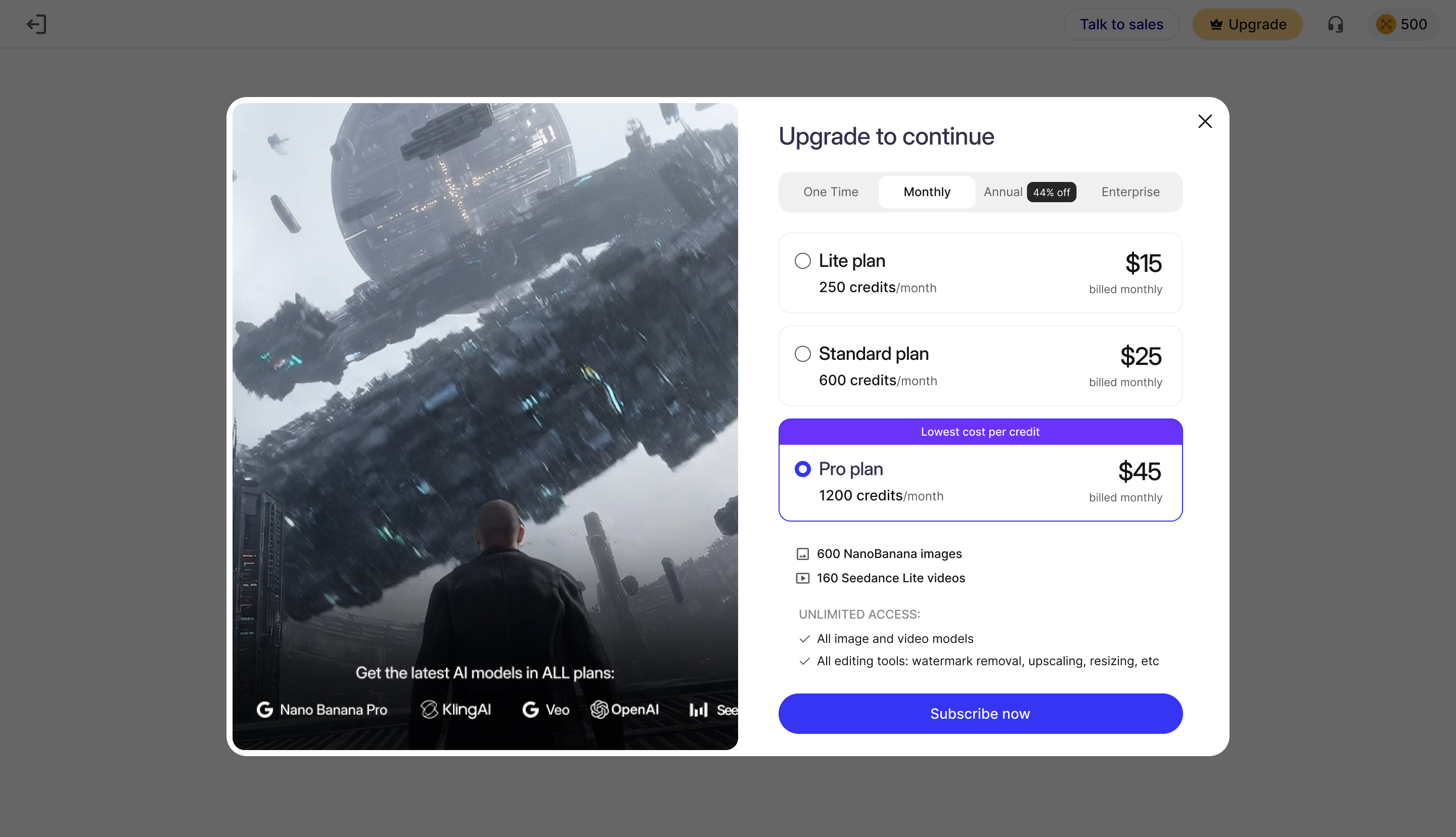 Default monthly pricing popup overlaying the AI workspace