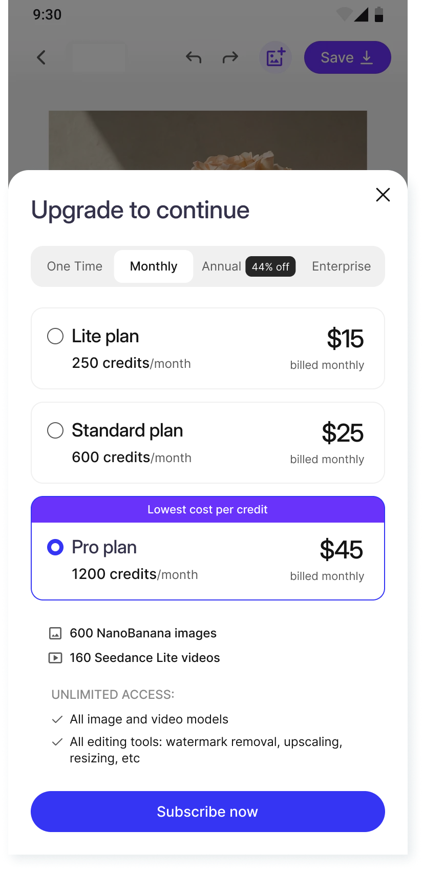Mobile default monthly pricing as bottom sheet