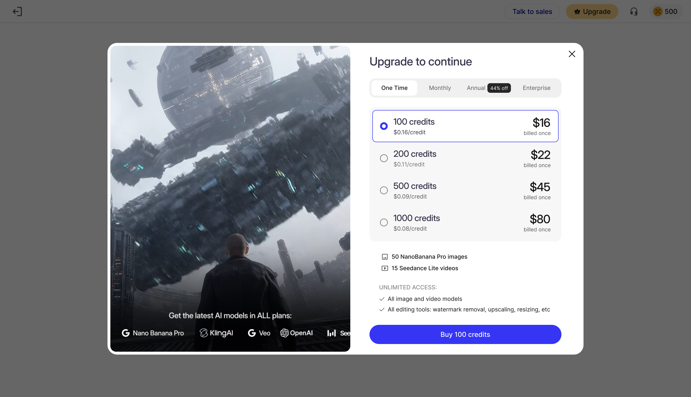 Pay-as-you-go pricing popup with one-time credit purchase options