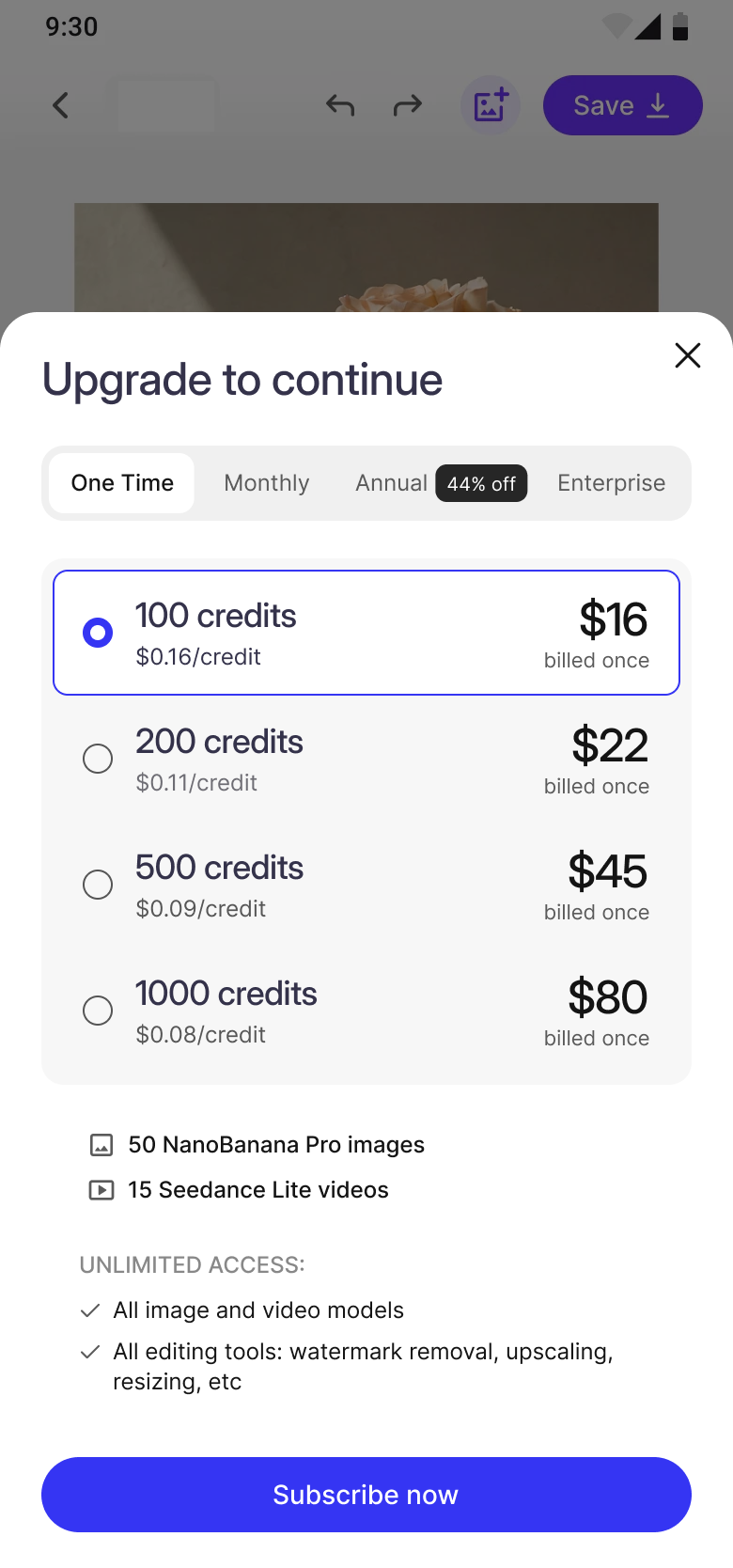 Mobile pay-as-you-go one-time credit purchase