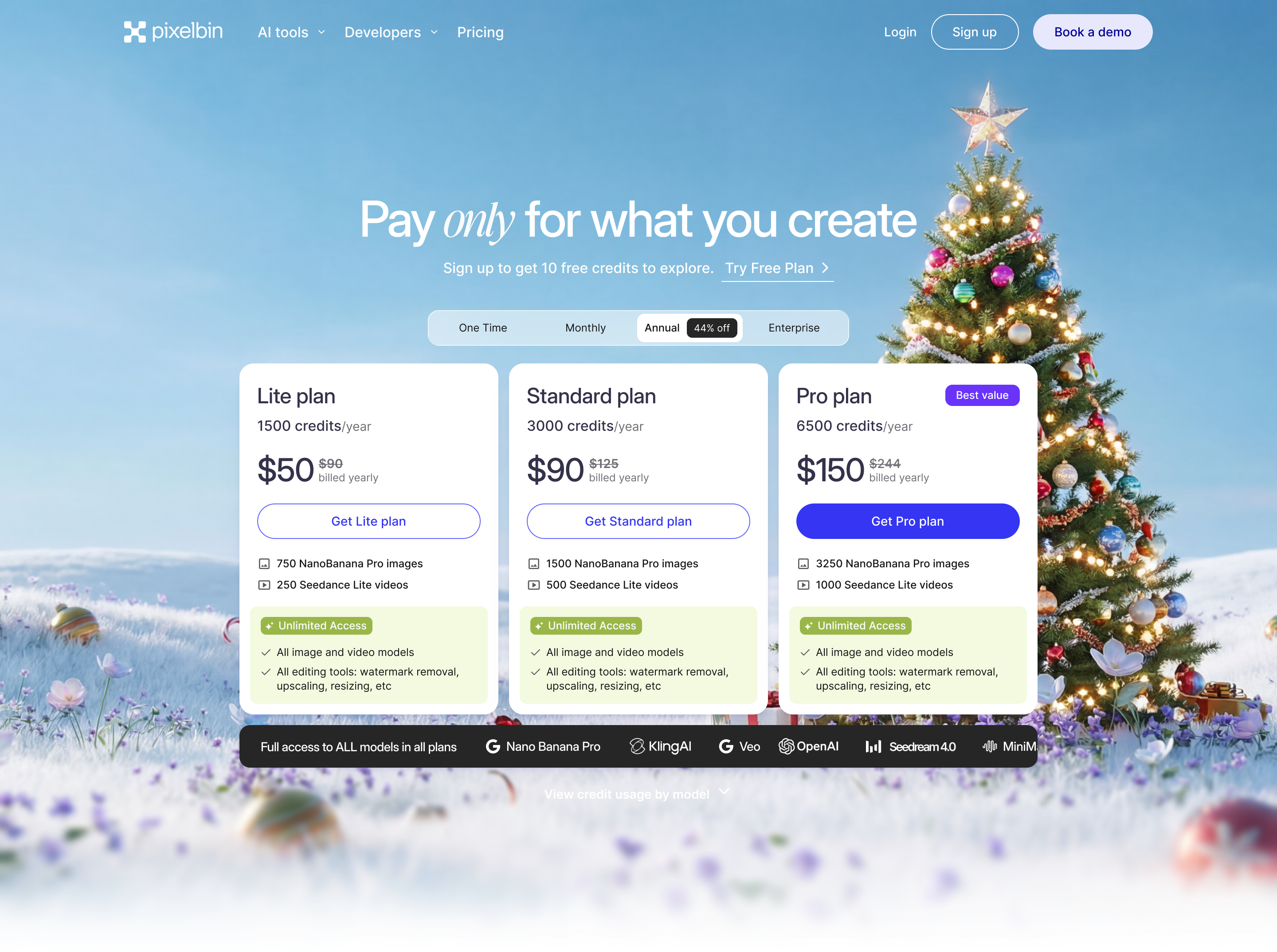 Monthly pricing tab — Lite, Standard and Pro plans with credit allocations