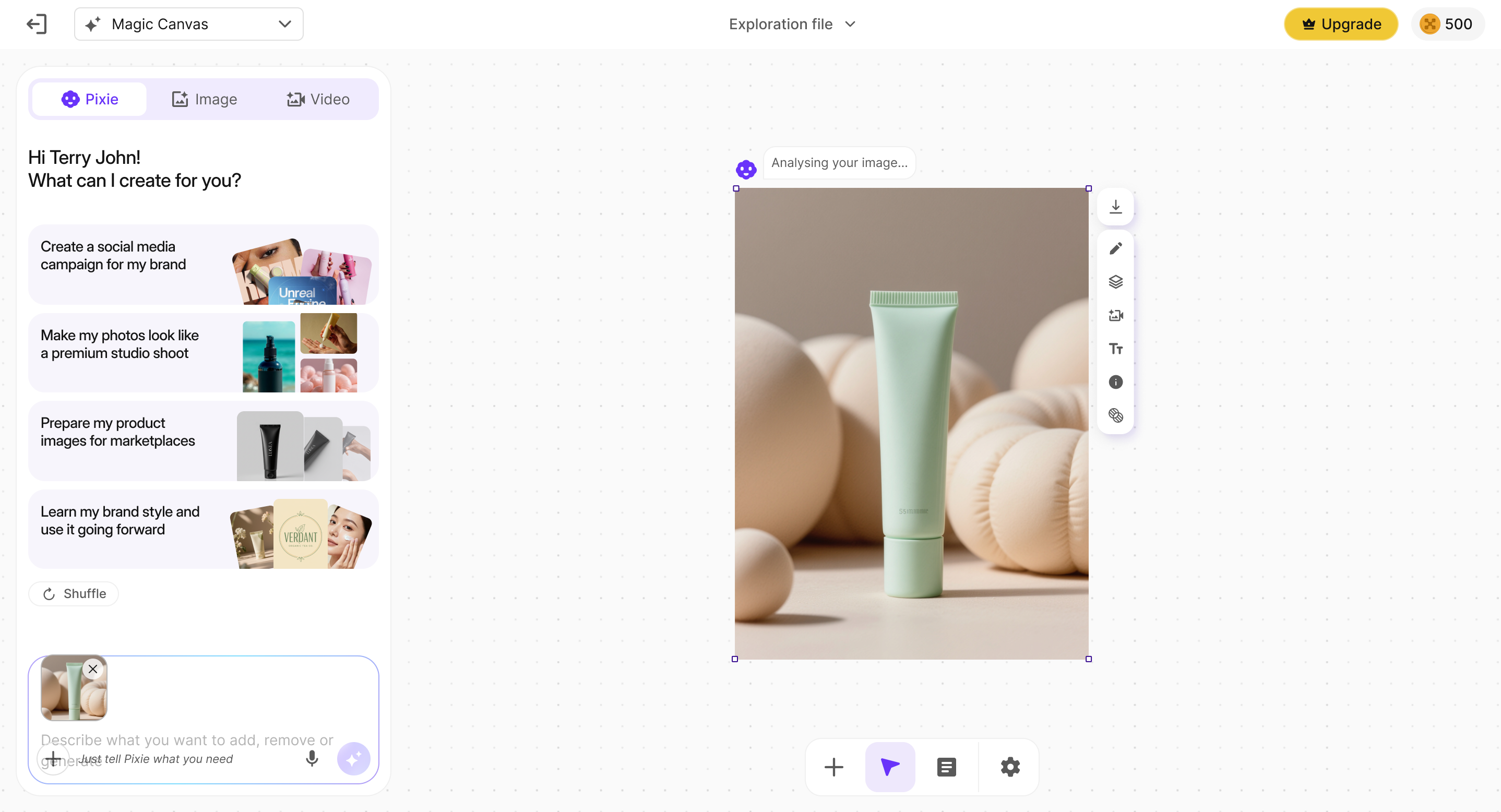 User uploads a product image to the Magic Canvas workspace