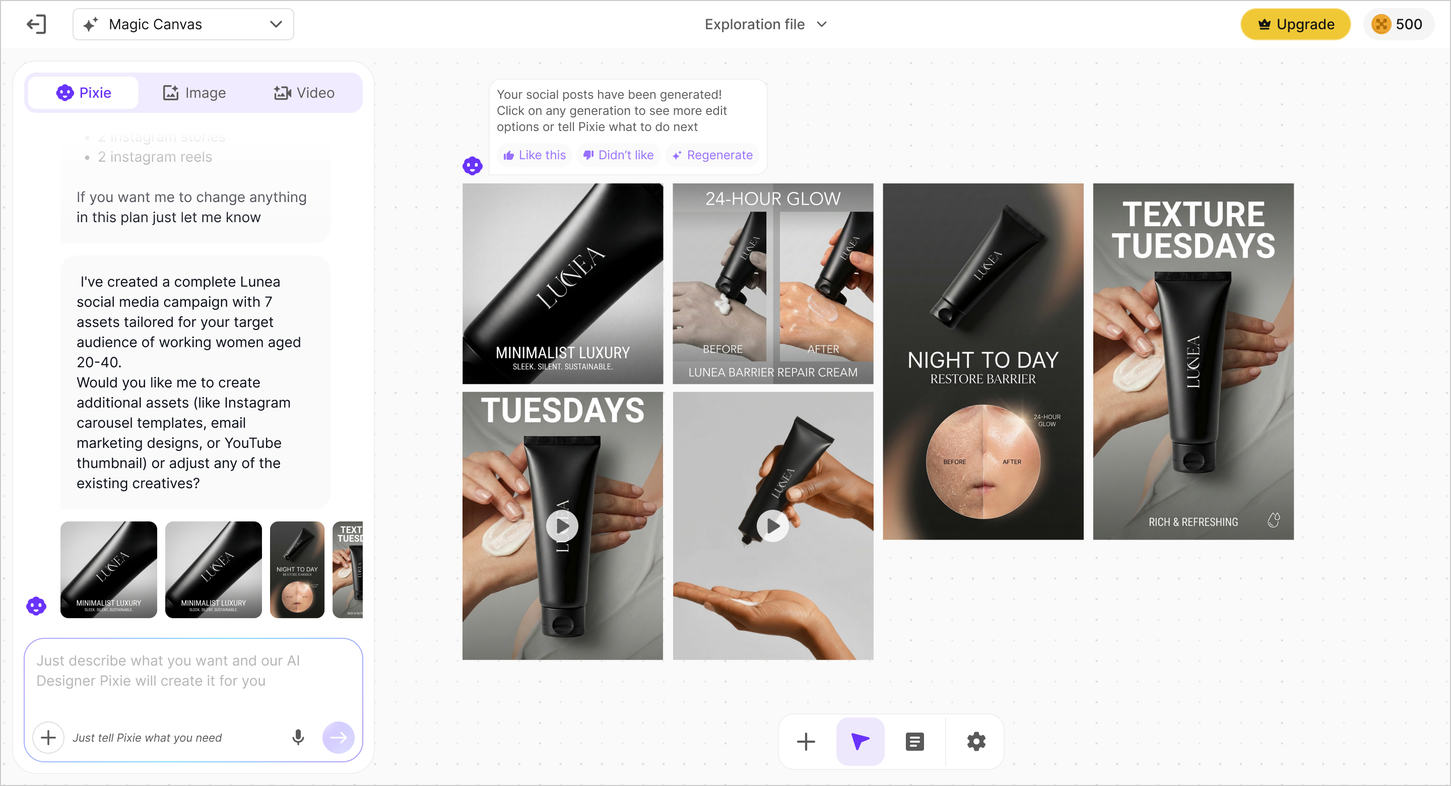 7 campaign assets generated on canvas with feedback options