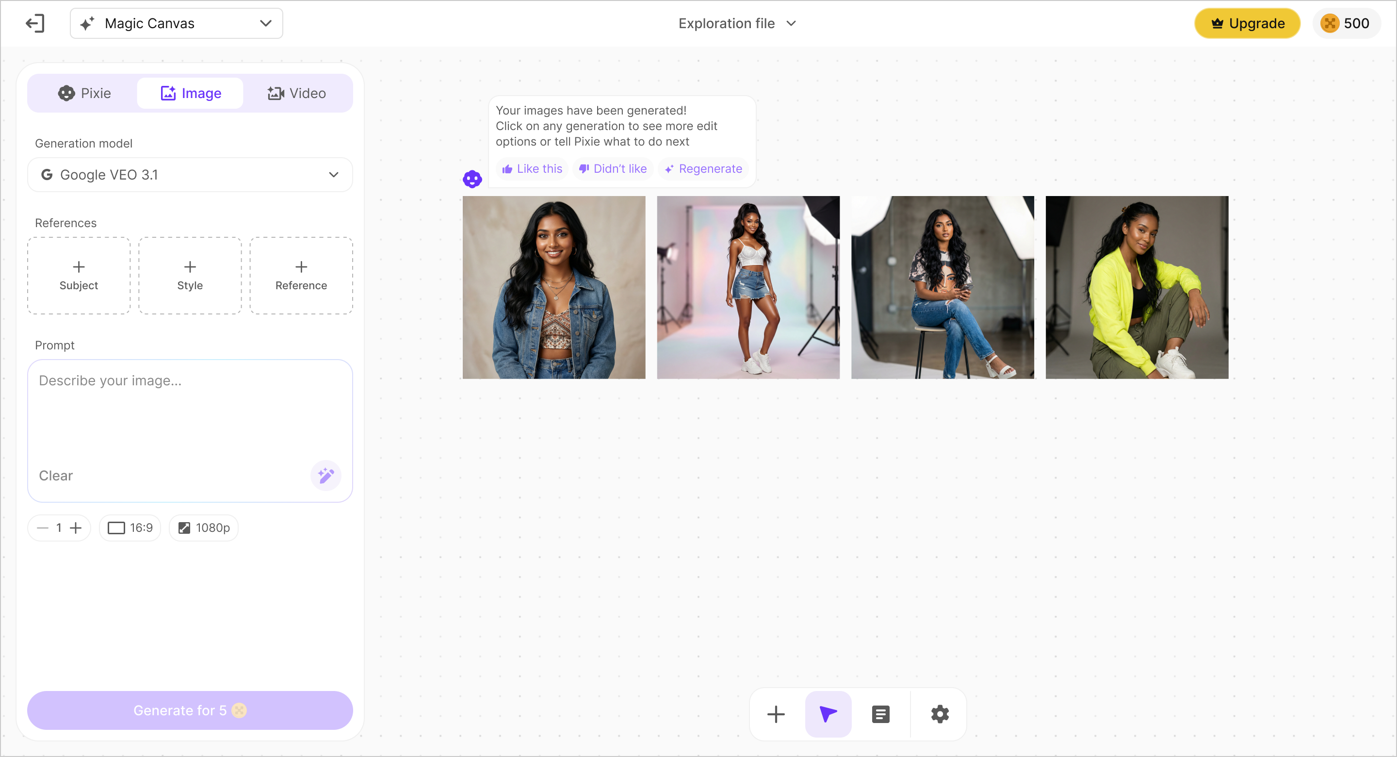 Generated: completed images on the canvas ready for editing and export