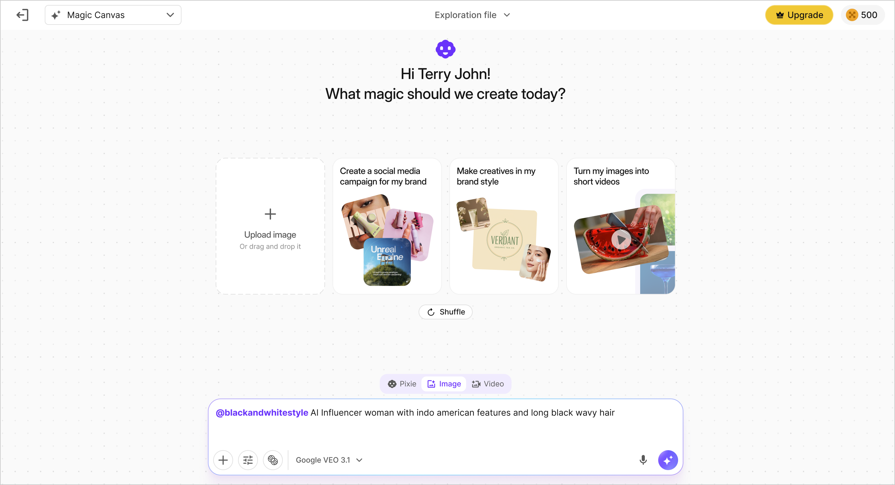 Image generation: user enters a prompt to generate images on the canvas