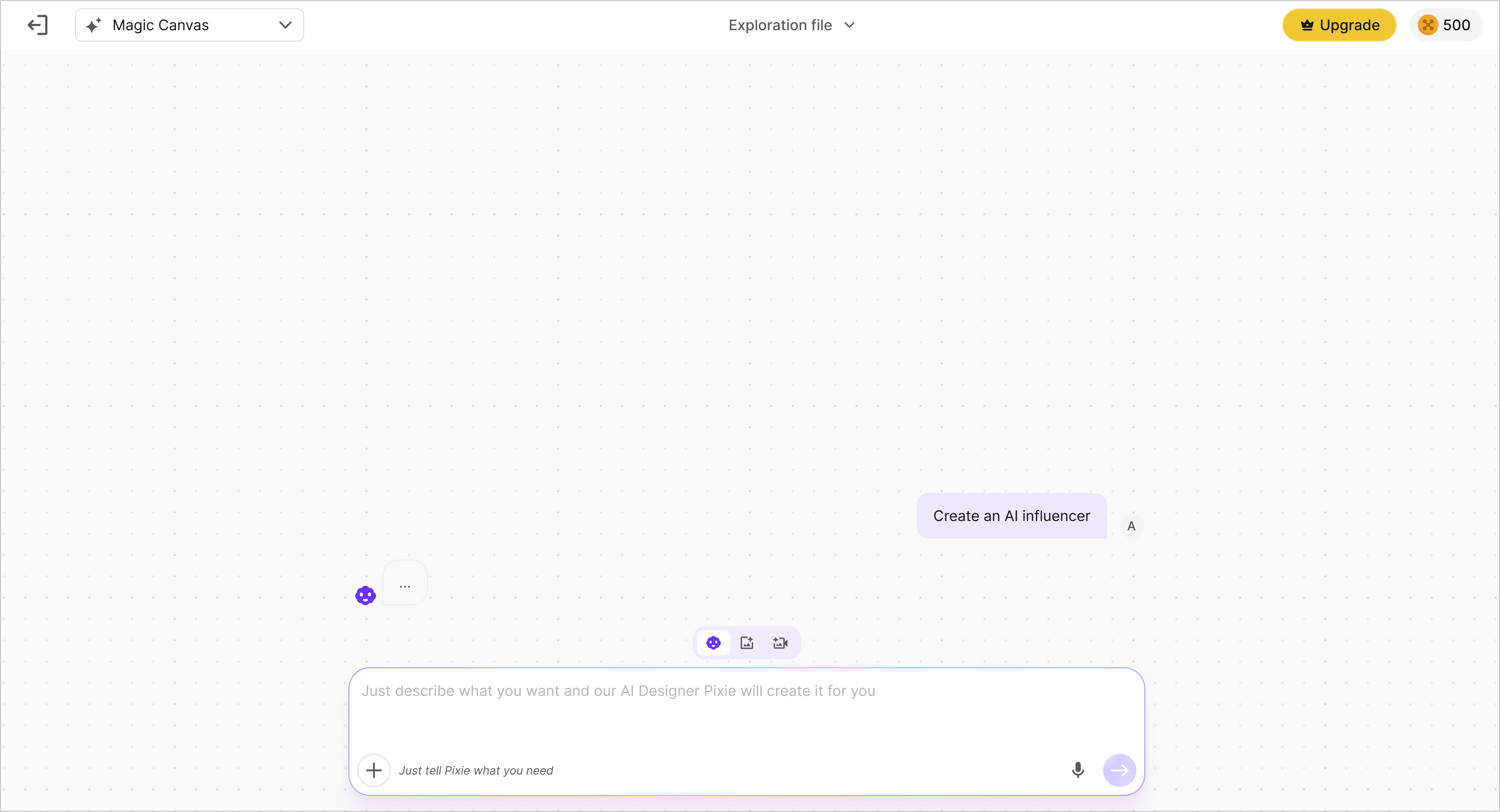 Create: user initiates AI influencer creation with Pixie