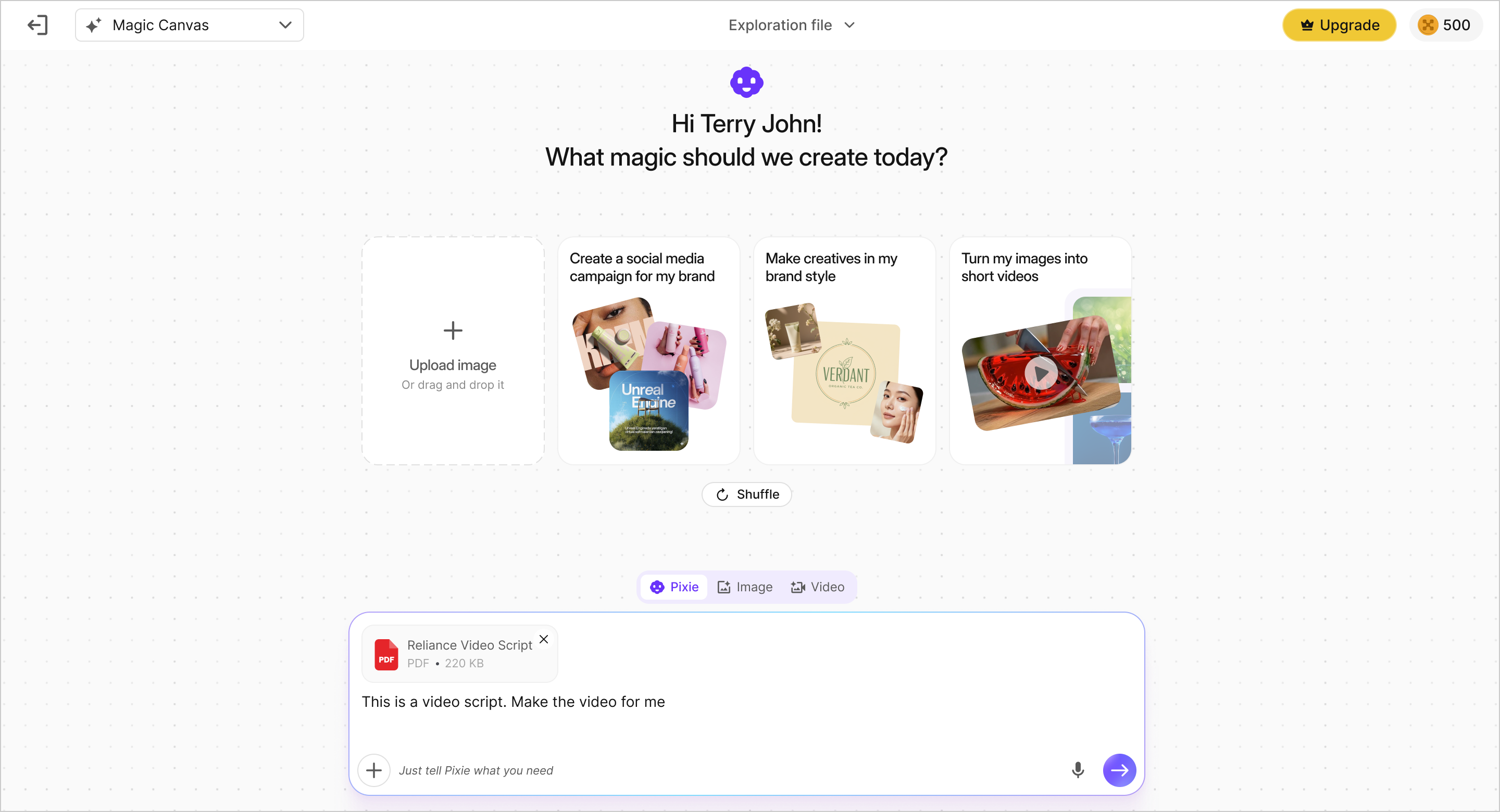 Script input: user provides a written script for Pixie to convert into video scenes