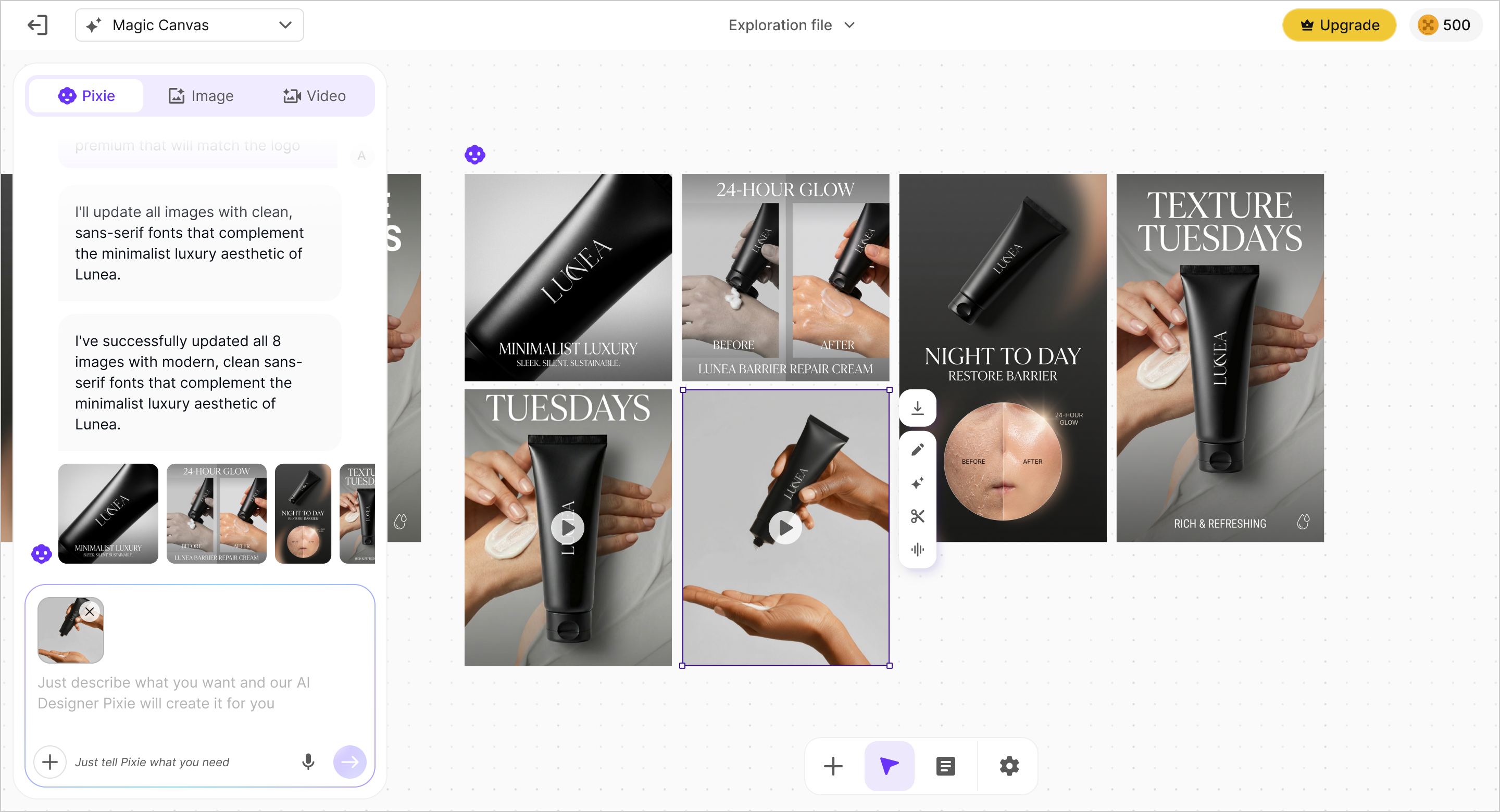 Text to video: user describes a video and Pixie generates it with model selection and reference options