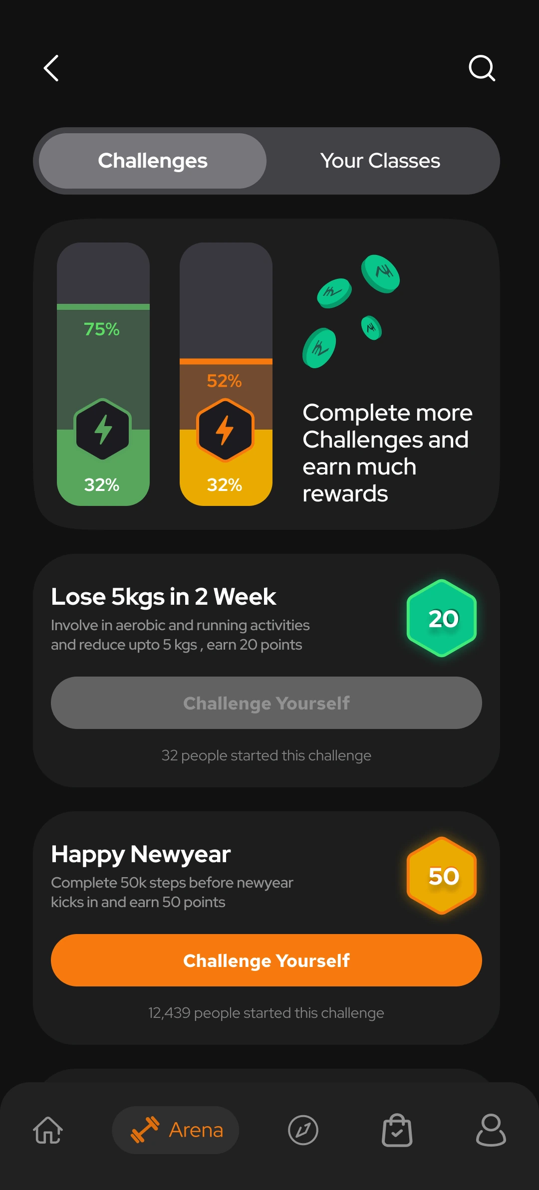 Toneflix Arena challenges screen with reward progress and available challenges
