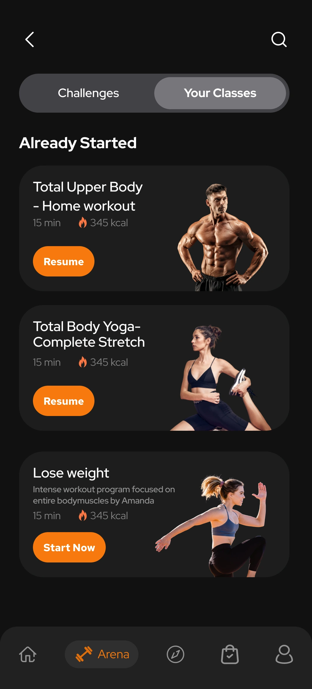 Toneflix Arena classes screen with programmes to start or resume