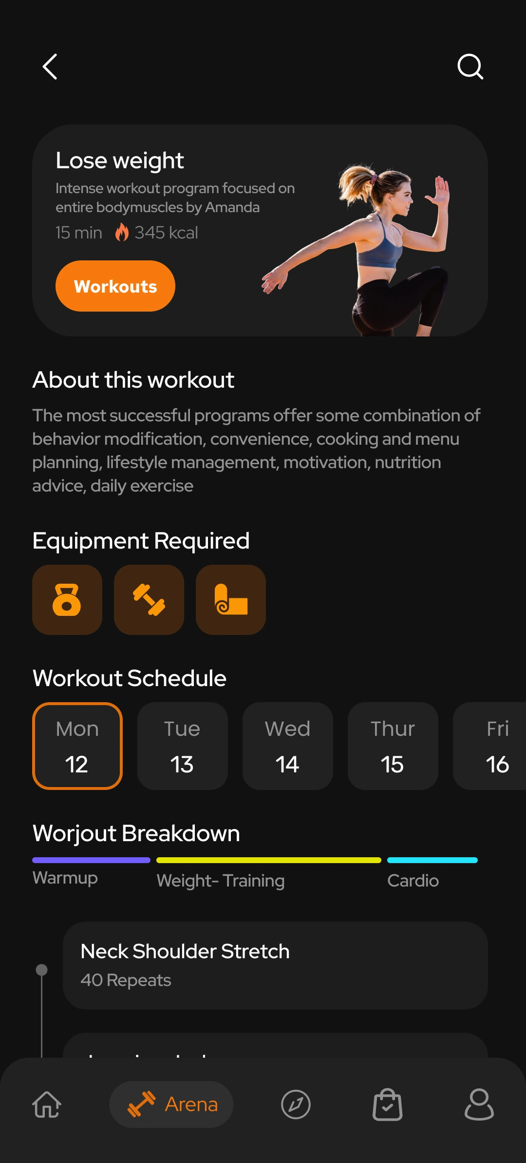 Toneflix programme overview with workout information, equipment, schedule and exercise breakdown
