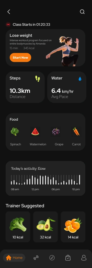 Toneflix dashboard with a workout, activity metrics, food suggestions and daily activity chart