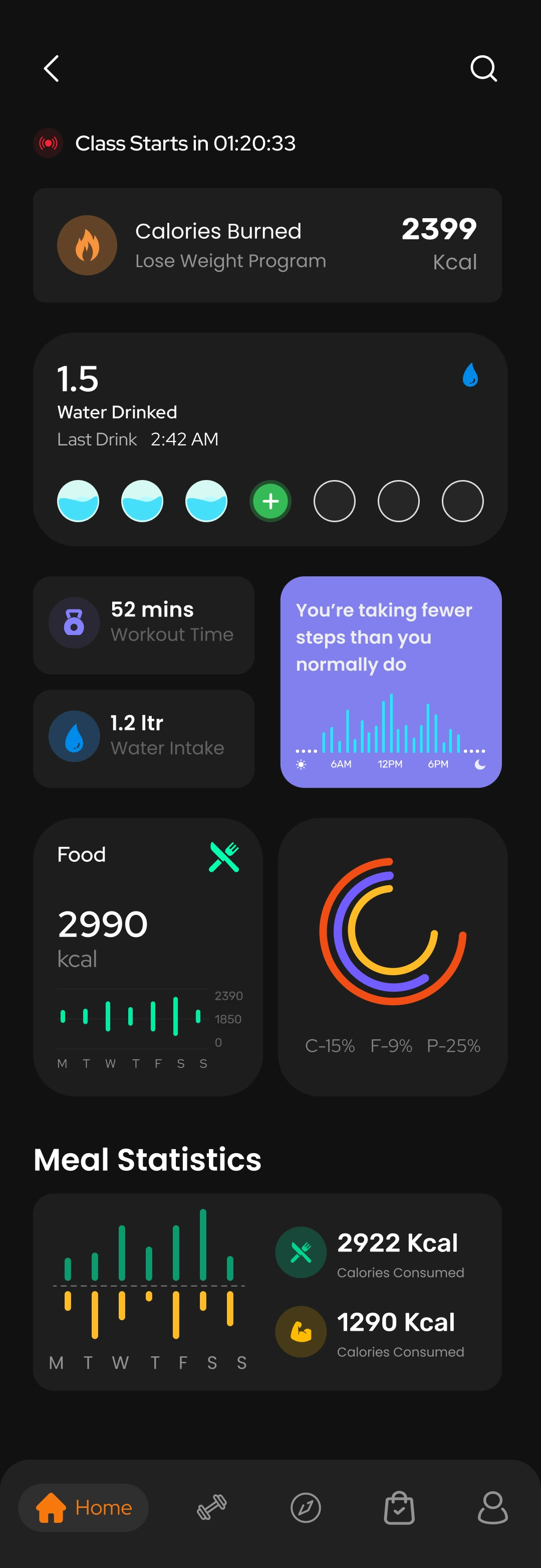 Toneflix dashboard with calorie, hydration, workout, step and meal statistics