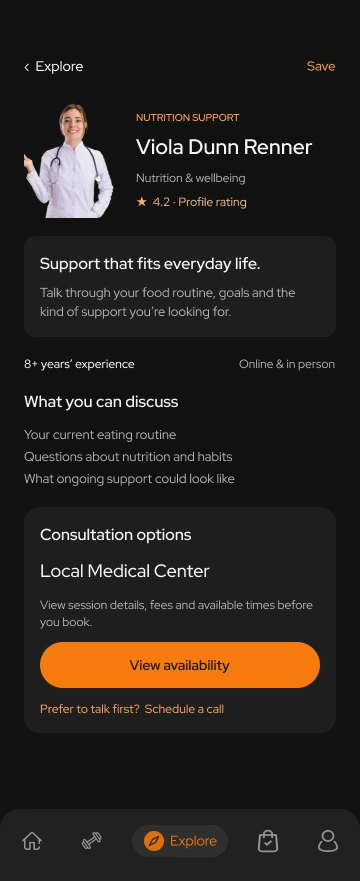 Toneflix nutrition professional profile with expertise, discussion topics and consultation options