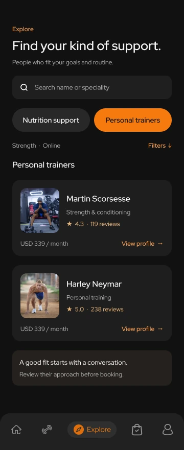 Toneflix Explore screen listing personal trainers