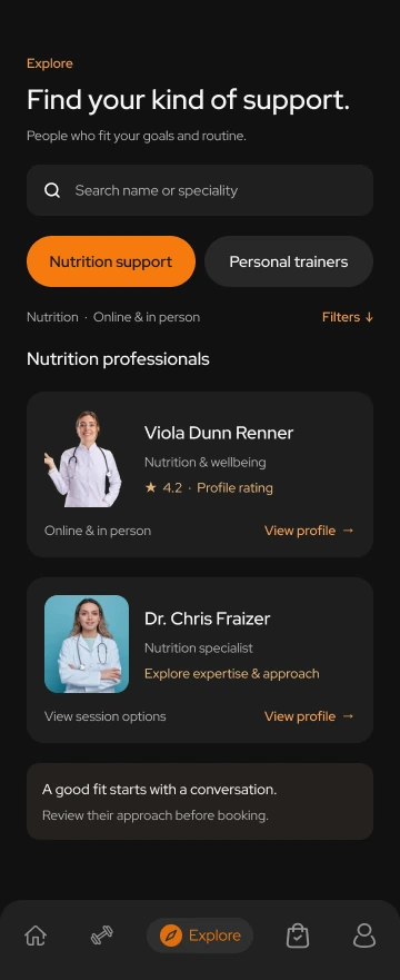 Toneflix nutrition discovery with search, category tabs and professional comparison cards