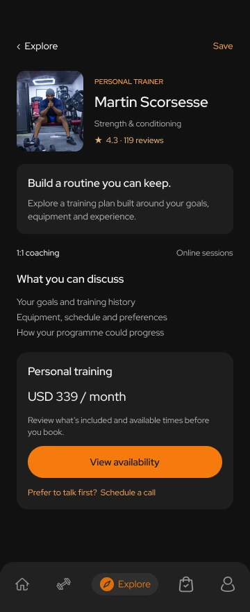 Toneflix trainer profile with approach, coaching details, monthly price and availability action