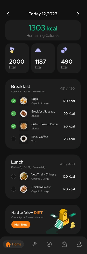 Toneflix nutrition screen with calorie totals and breakfast and lunch entries