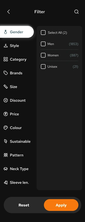 Toneflix product filters for gender, style, category, brand and size