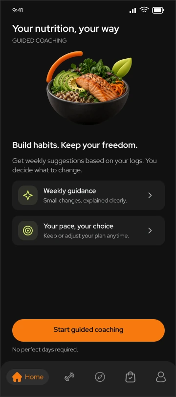 Toneflix guided nutrition introduction with a food illustration, weekly guidance and a rounded start button