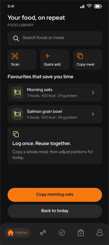 Toneflix food library with scan, quick add, saved meals and a rounded copy-meal button
