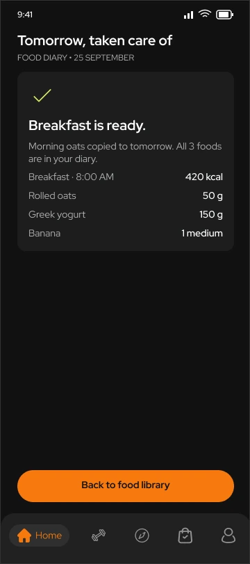 Toneflix copied-meal confirmation showing tomorrow’s breakfast, its three foods and portions